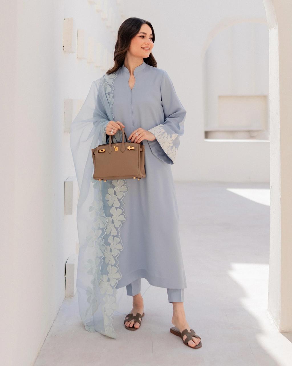 Serene Powder Blue Chanderi Embroidery Kurta Set with Scalloped Floral Dupatta