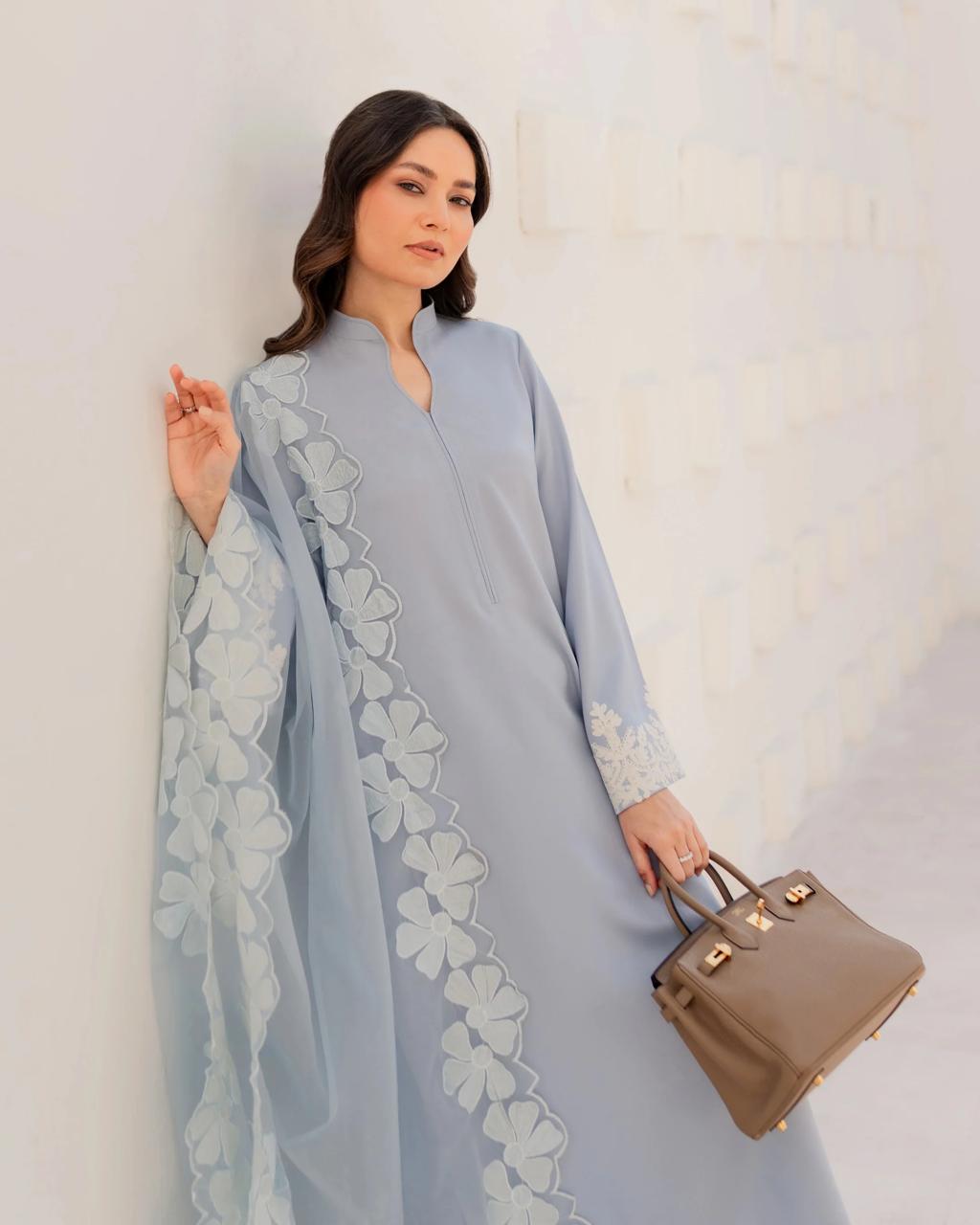 Serene Powder Blue Chanderi Embroidery Kurta Set with Scalloped Floral Dupatta