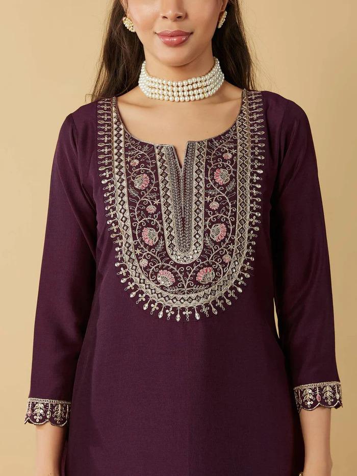 Wine Purple Chanderi Embroidered Kurta Set with Chanderi Printed Dupatta