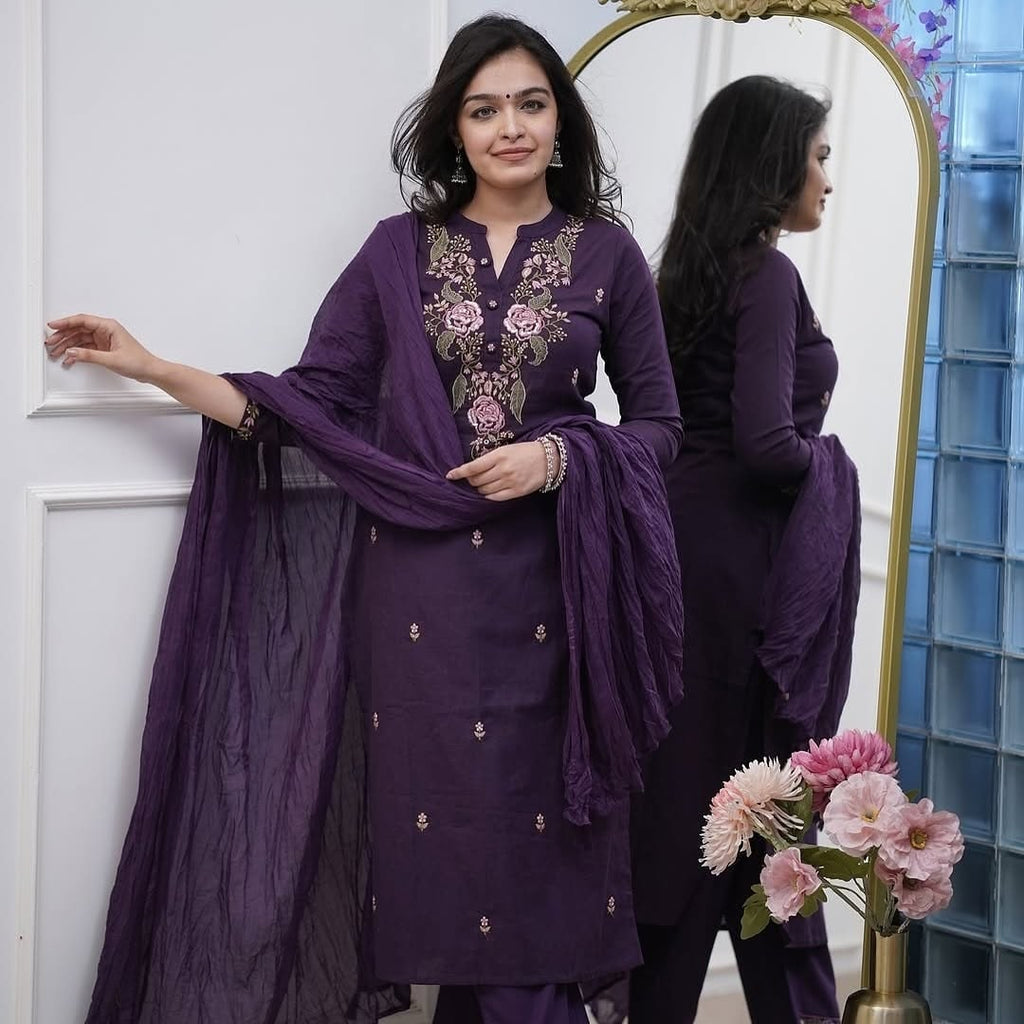 Purple Rayon Slub Straight Kurta Set – Mandarin collar Neck Embroidery & Crinkled Dupatta