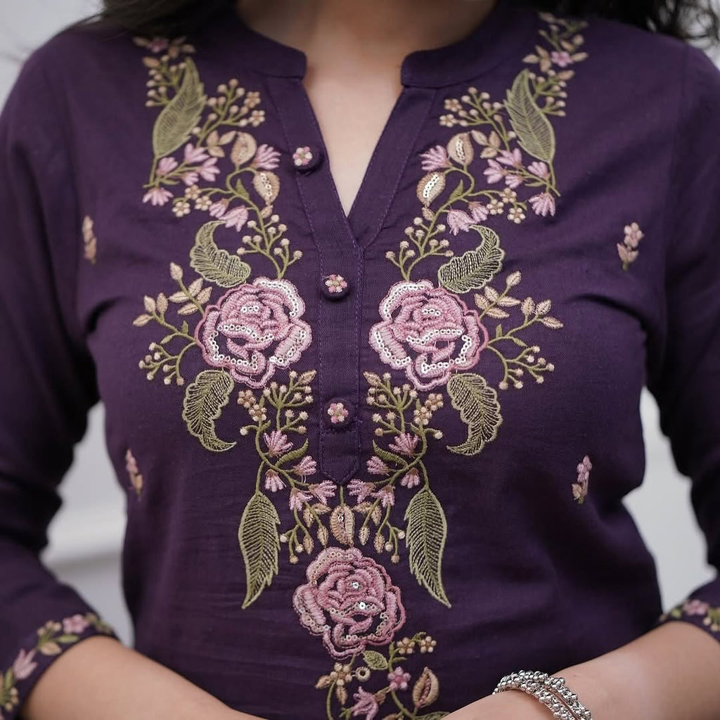 Purple Rayon Slub Straight Kurta Set – Mandarin collar Neck Embroidery & Crinkled Dupatta