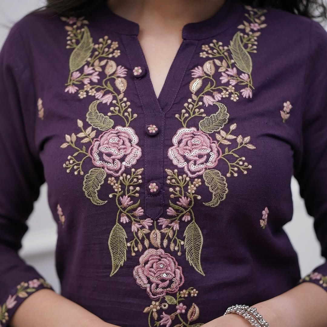 Purple Rayon Slub Straight Kurta Set – Mandarin collar Neck Embroidery & Crinkled Dupatta