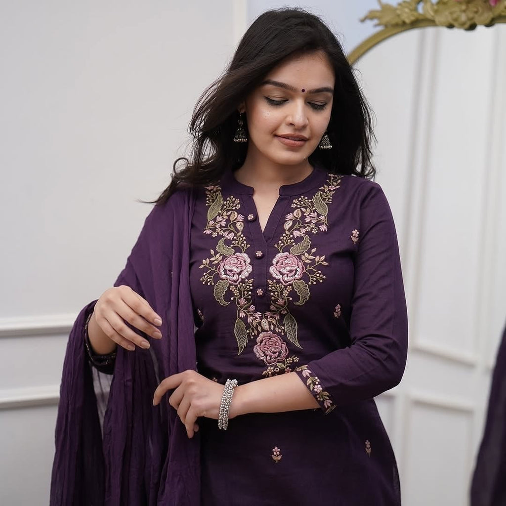 Purple Rayon Slub Straight Kurta Set – Mandarin collar Neck Embroidery & Crinkled Dupatta