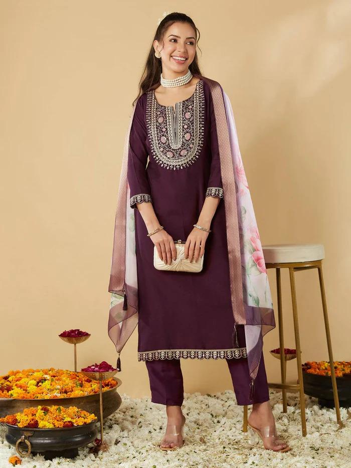 Wine Purple Chanderi Embroidered Kurta Set with Chanderi Printed Dupatta