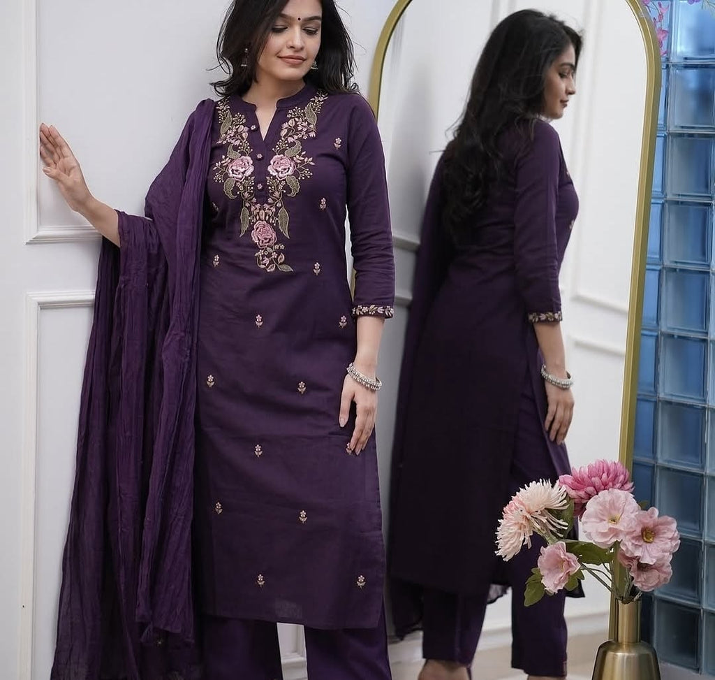 Purple Rayon Slub Straight Kurta Set – Mandarin collar Neck Embroidery & Crinkled Dupatta