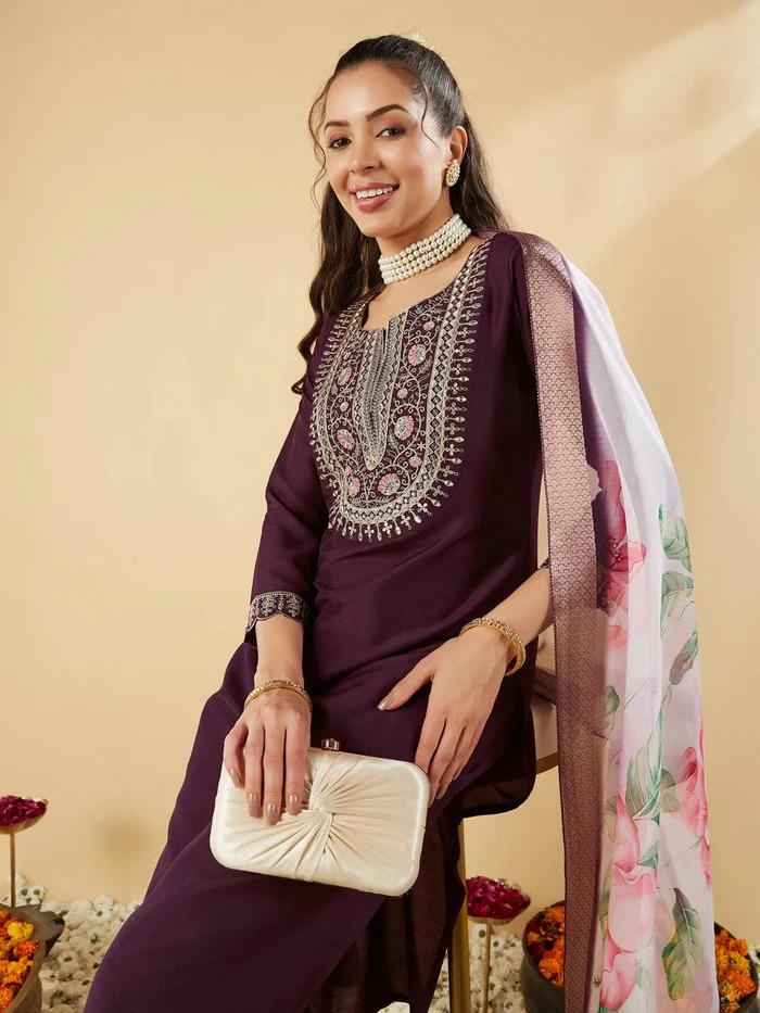 Wine Purple Chanderi Embroidered Kurta Set with Chanderi Printed Dupatta