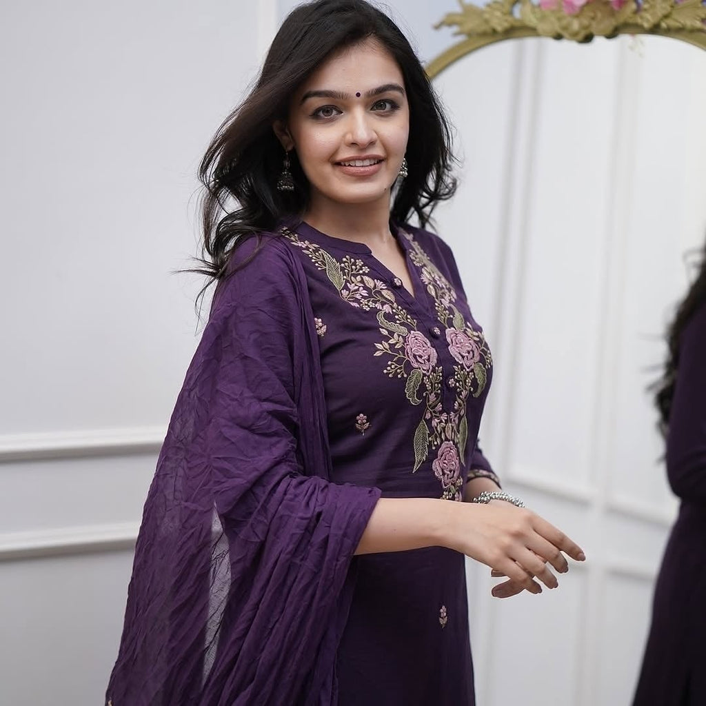Purple Rayon Slub Straight Kurta Set – Mandarin collar Neck Embroidery & Crinkled Dupatta