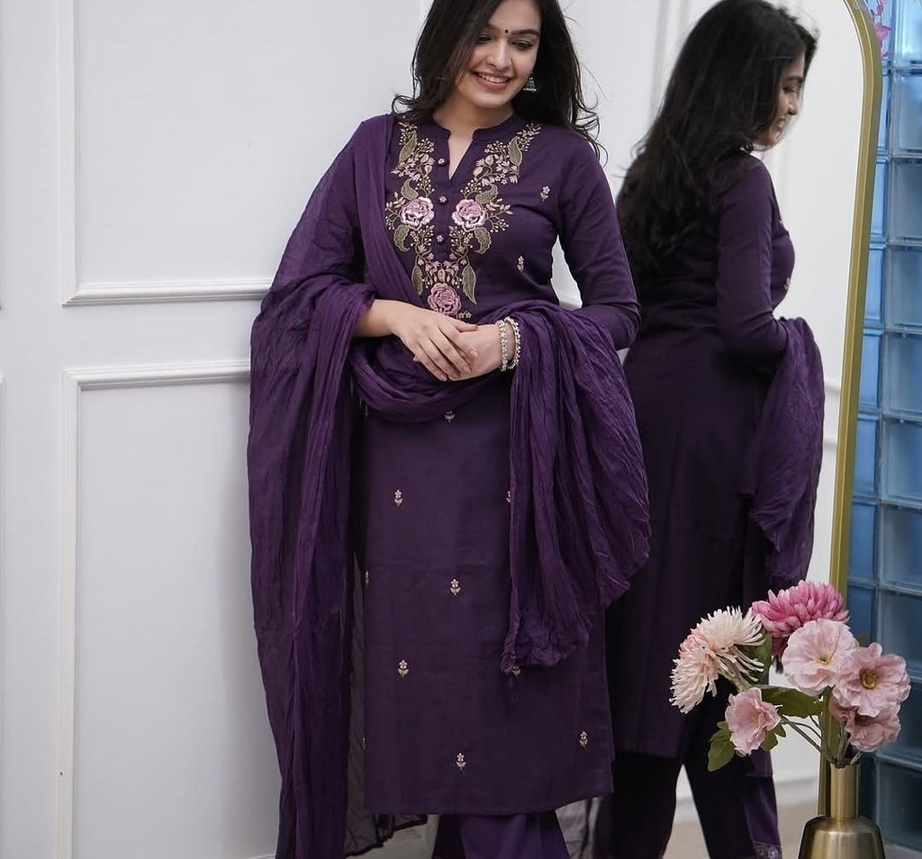 Purple Rayon Slub Straight Kurta Set – Mandarin collar Neck Embroidery & Crinkled Dupatta