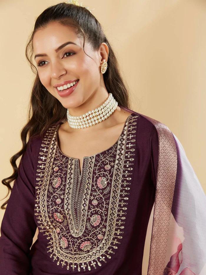 Wine Purple Chanderi Embroidered Kurta Set with Chanderi Printed Dupatta