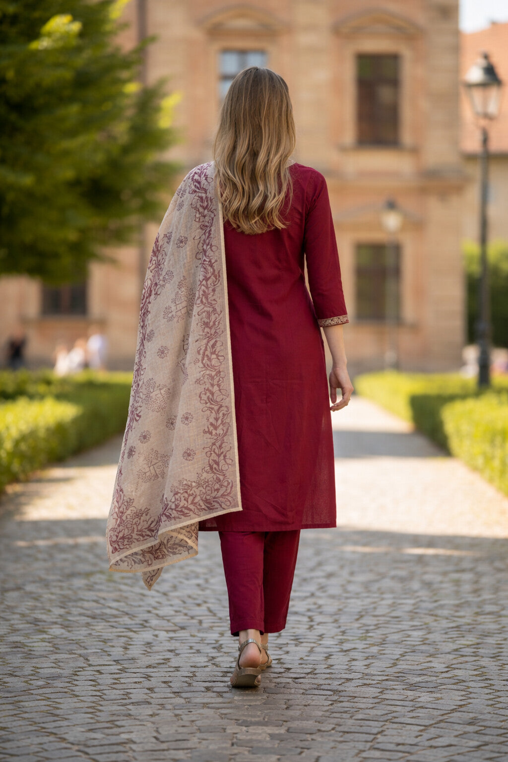 Maroon Rayon Slub Embroidered Kurta Set with Floral Printed Chanderi Dupatta