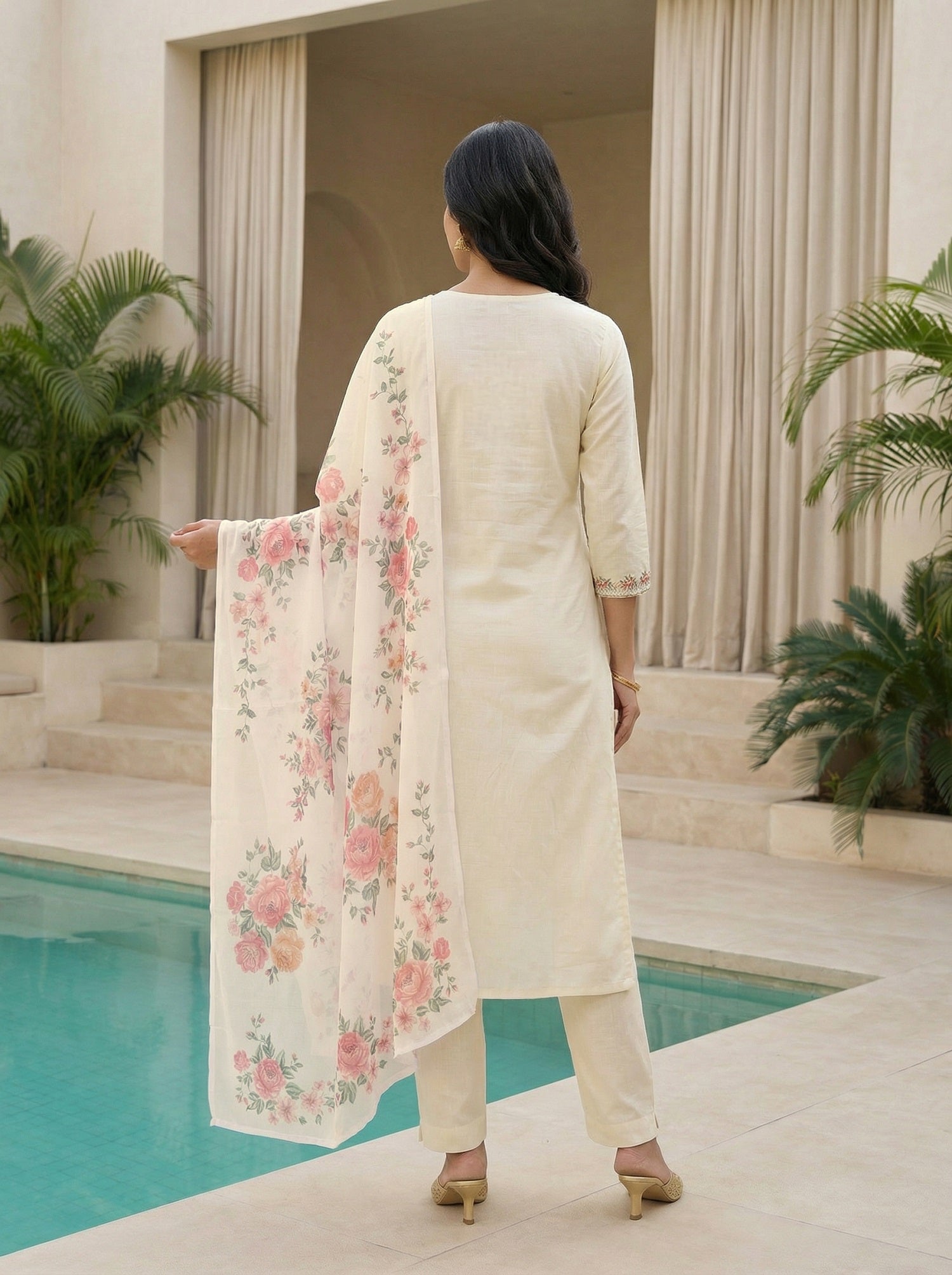 Ivory Serenity: Slub Rayon Embroidered Kurta Set with Floral Print Dupatta