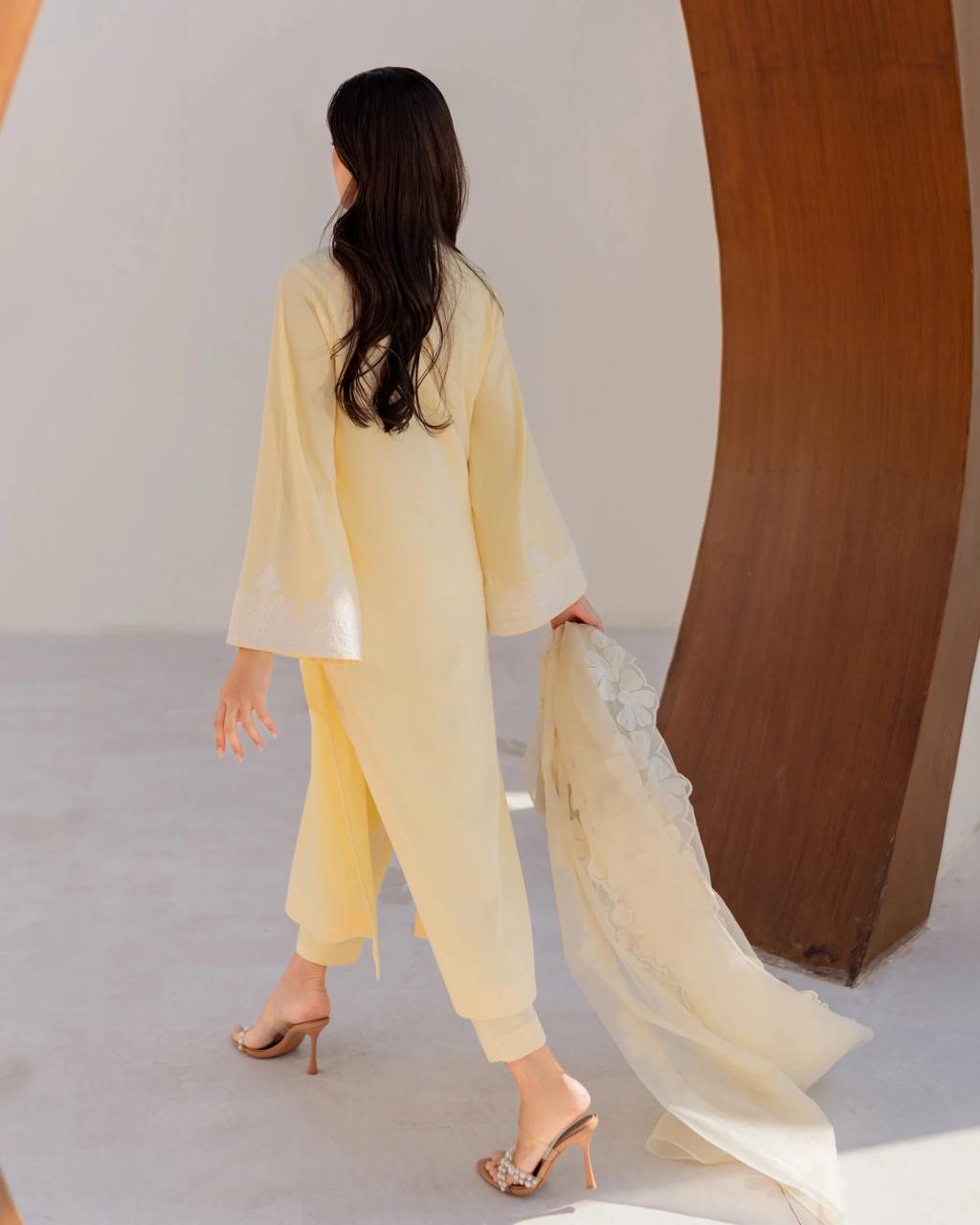 Radiant Lemon Yellow Chanderi Embroidery Kurta Set with Floral Organza Dupatta