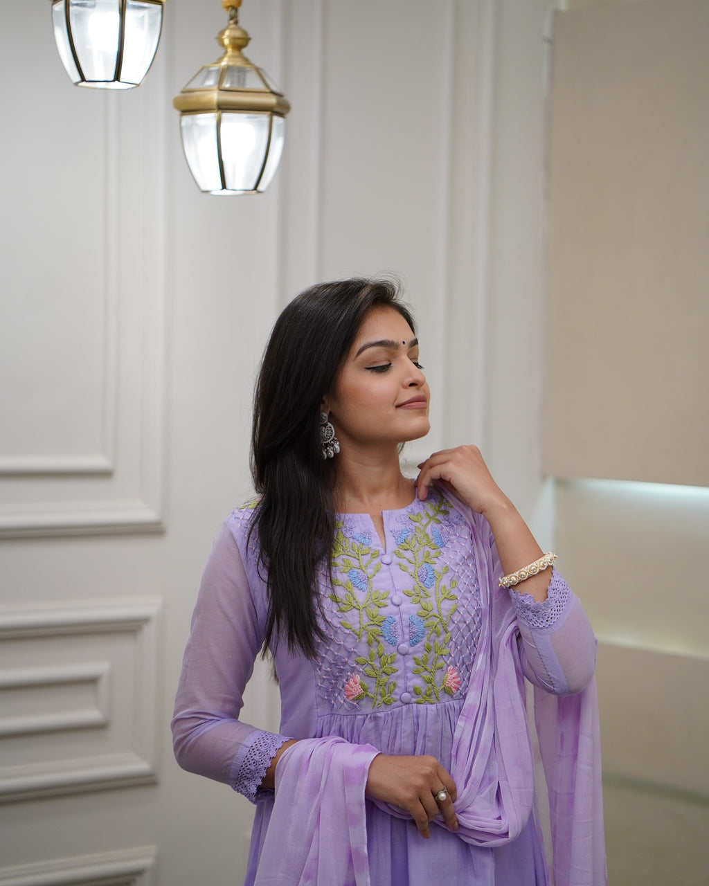 Lavender Georgette Pleated Kurta Set – Embroidered Yoke & Tie-Dye Dupatta
