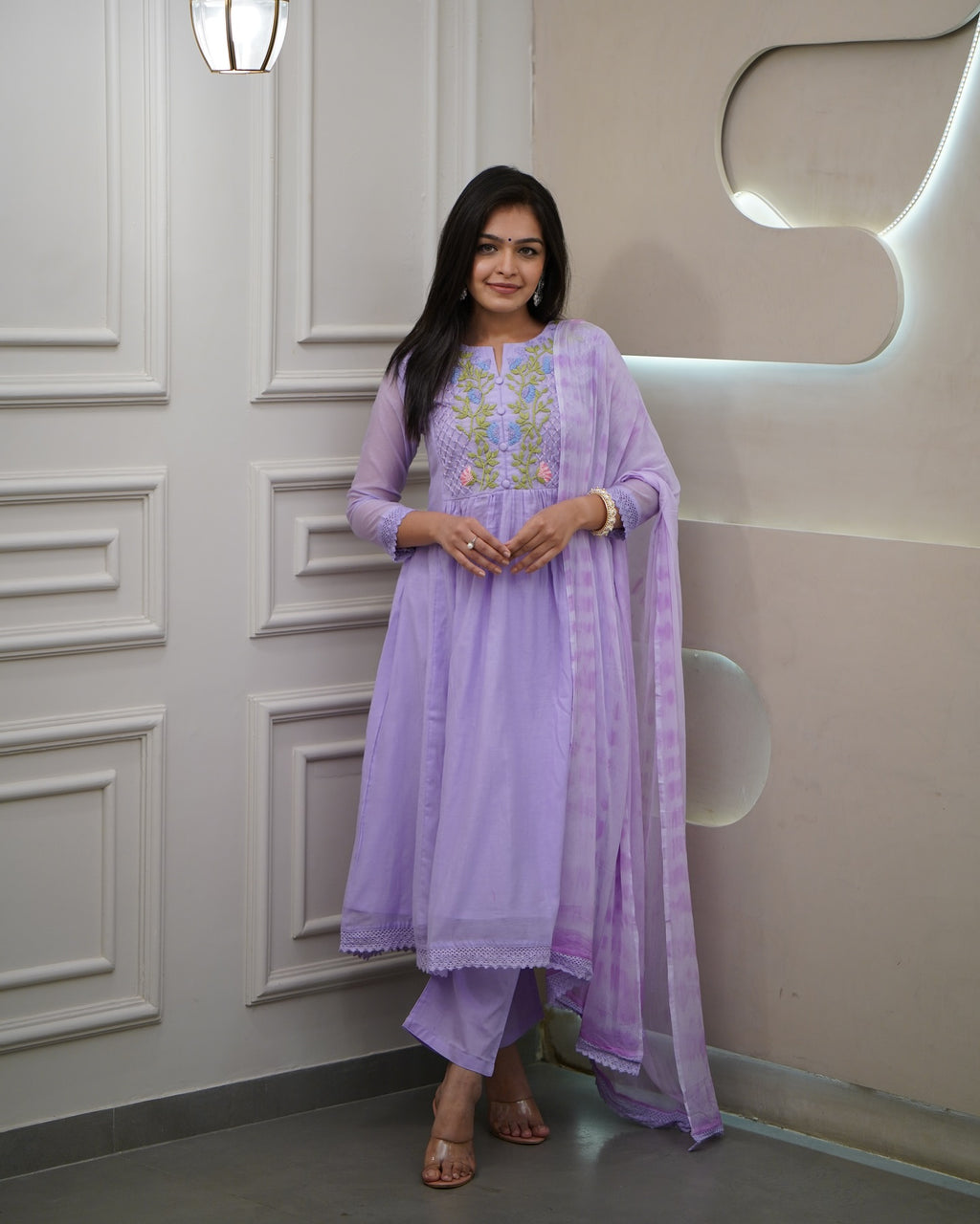 Lavender Georgette Pleated Kurta Set – Embroidered Yoke & Tie-Dye Dupatta