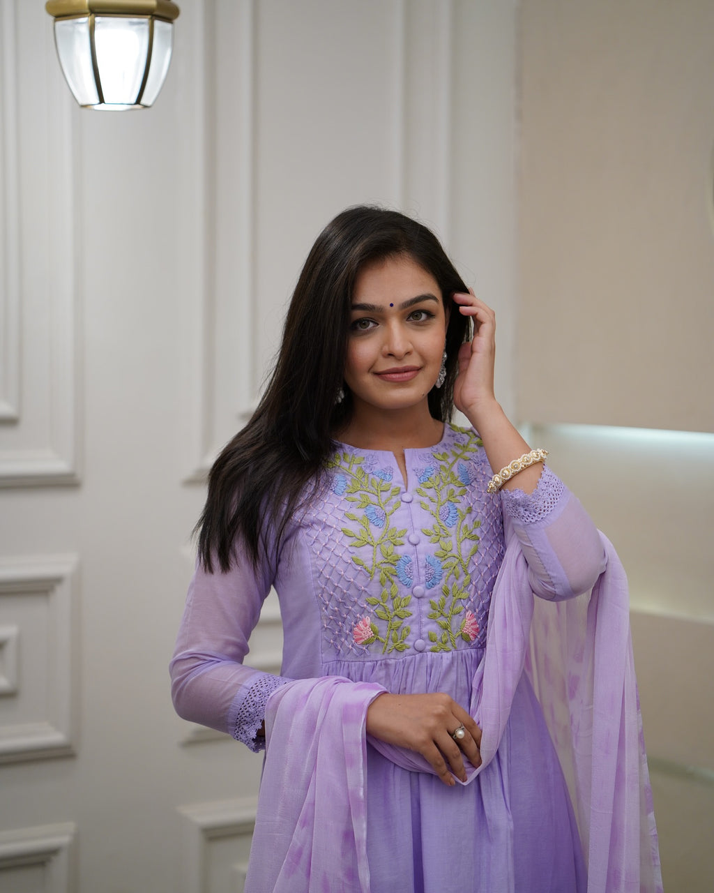 Lavender Georgette Pleated Kurta Set – Embroidered Yoke & Tie-Dye Dupatta