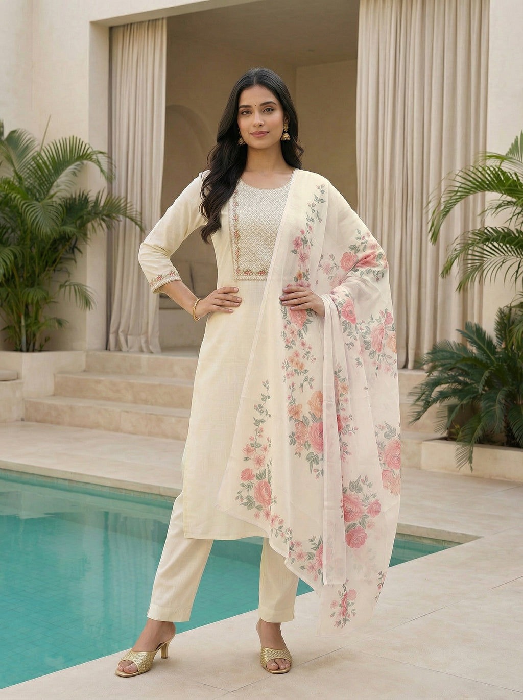 Ivory Serenity: Slub Rayon Embroidered Kurta Set with Floral Print Dupatta