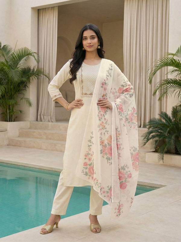 Ivory Serenity: Slub Rayon Embroidered Kurta Set with Floral Print Dupatta