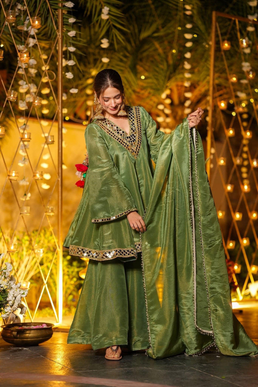 Elegant Olive Green Mirror Work Vichitra Silk Anarkali Kurta Set with Dupatta-Festive & Wedding Wear