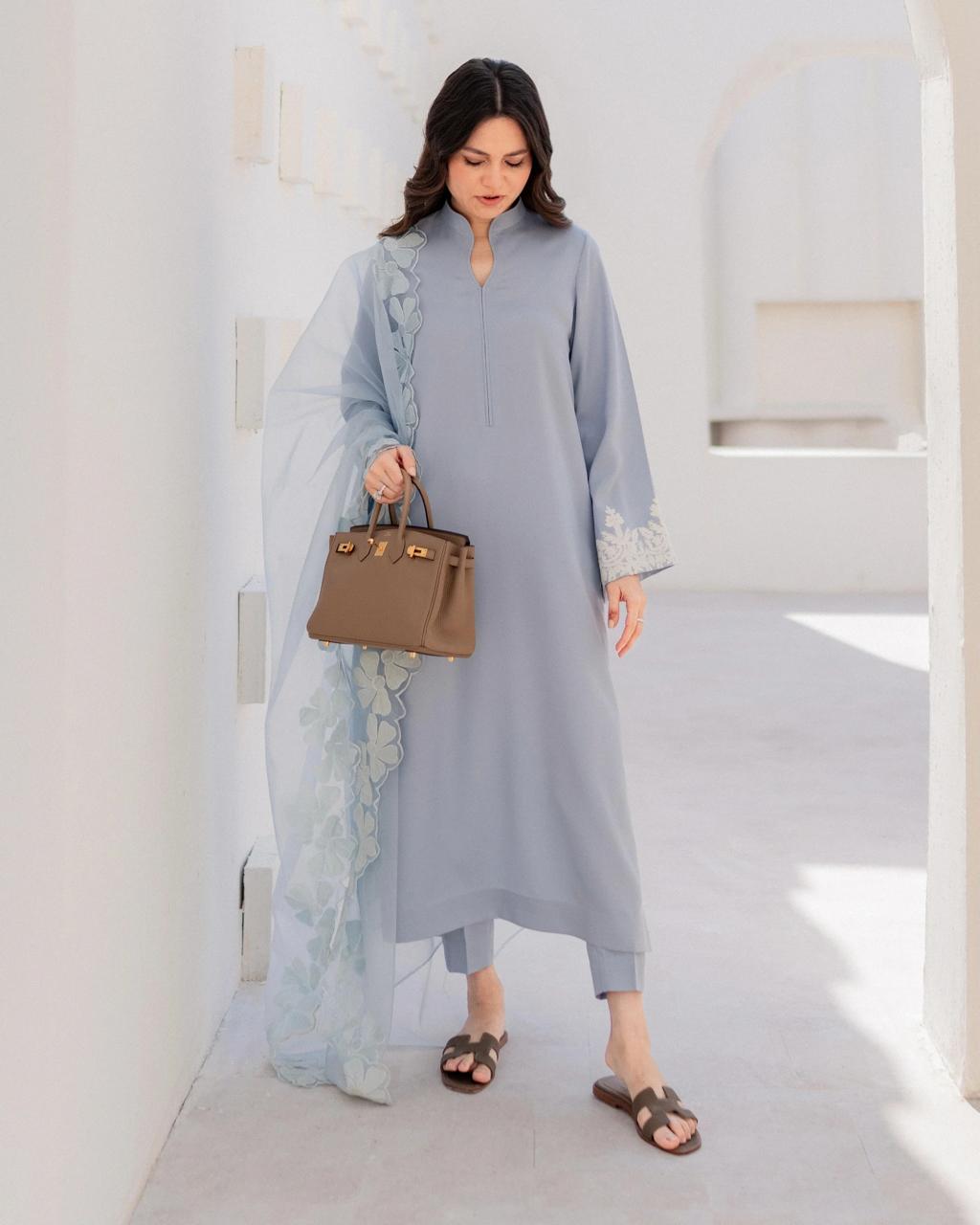 Serene Powder Blue Chanderi Embroidery Kurta Set with Scalloped Floral Dupatta
