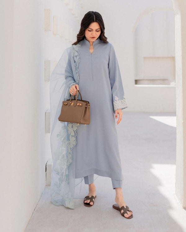 Serene Powder Blue Chanderi Embroidery Kurta Set with Scalloped Floral Dupatta