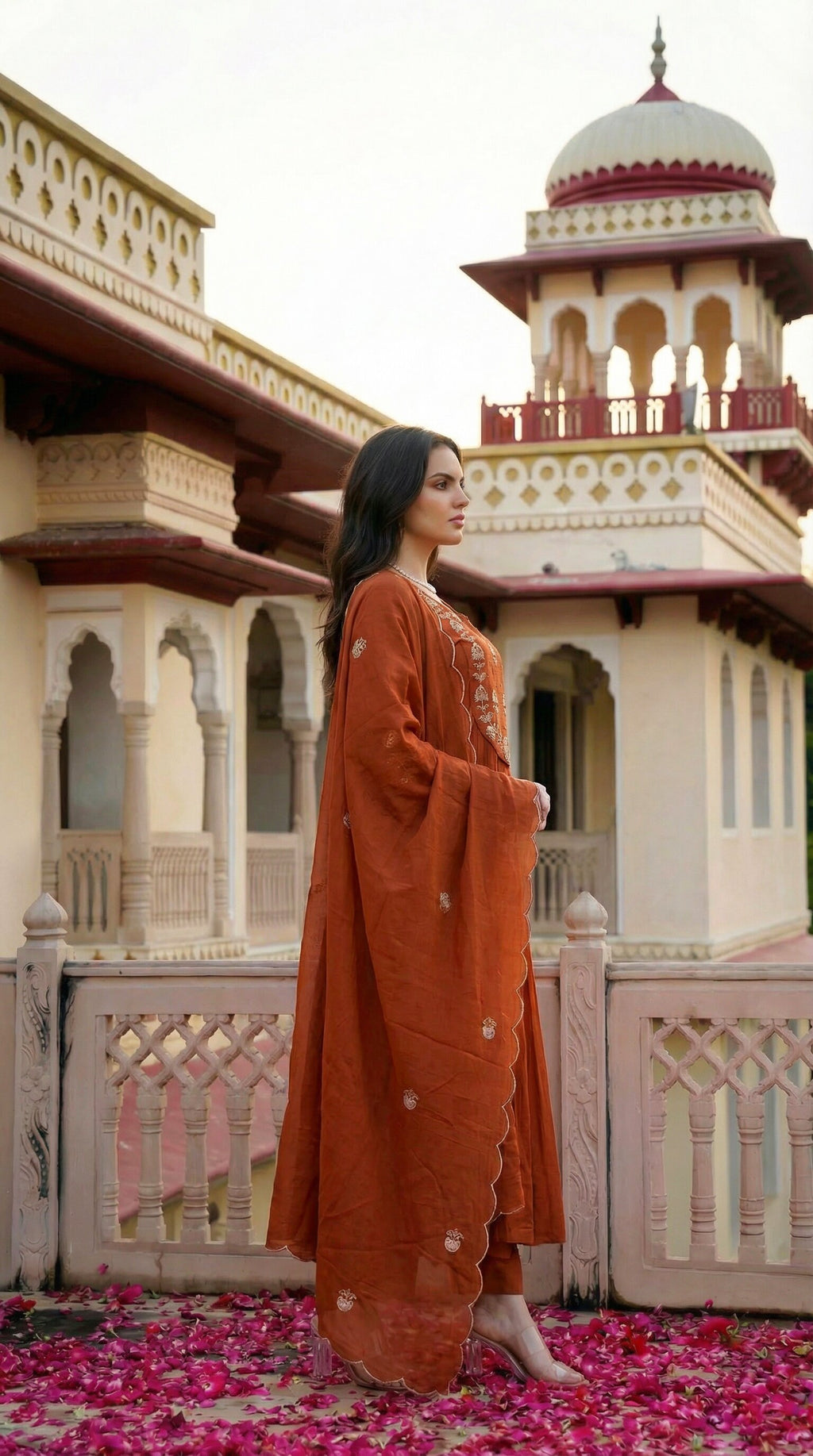 Rust Radiance Pleated Chanderi Silk Embroidered Anarkali Kurta Set