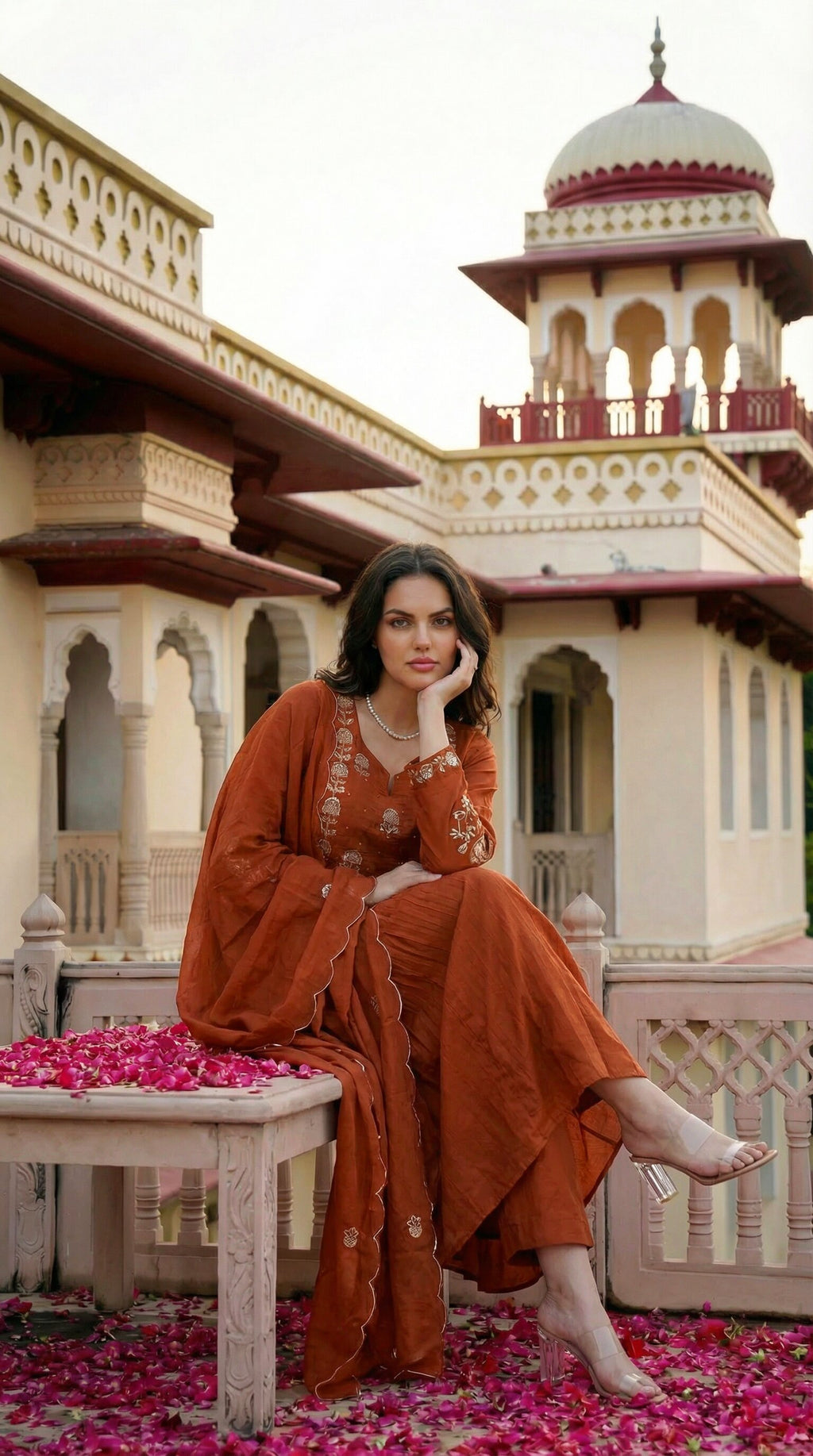 Rust Radiance Pleated Chanderi Silk Embroidered Anarkali Kurta Set