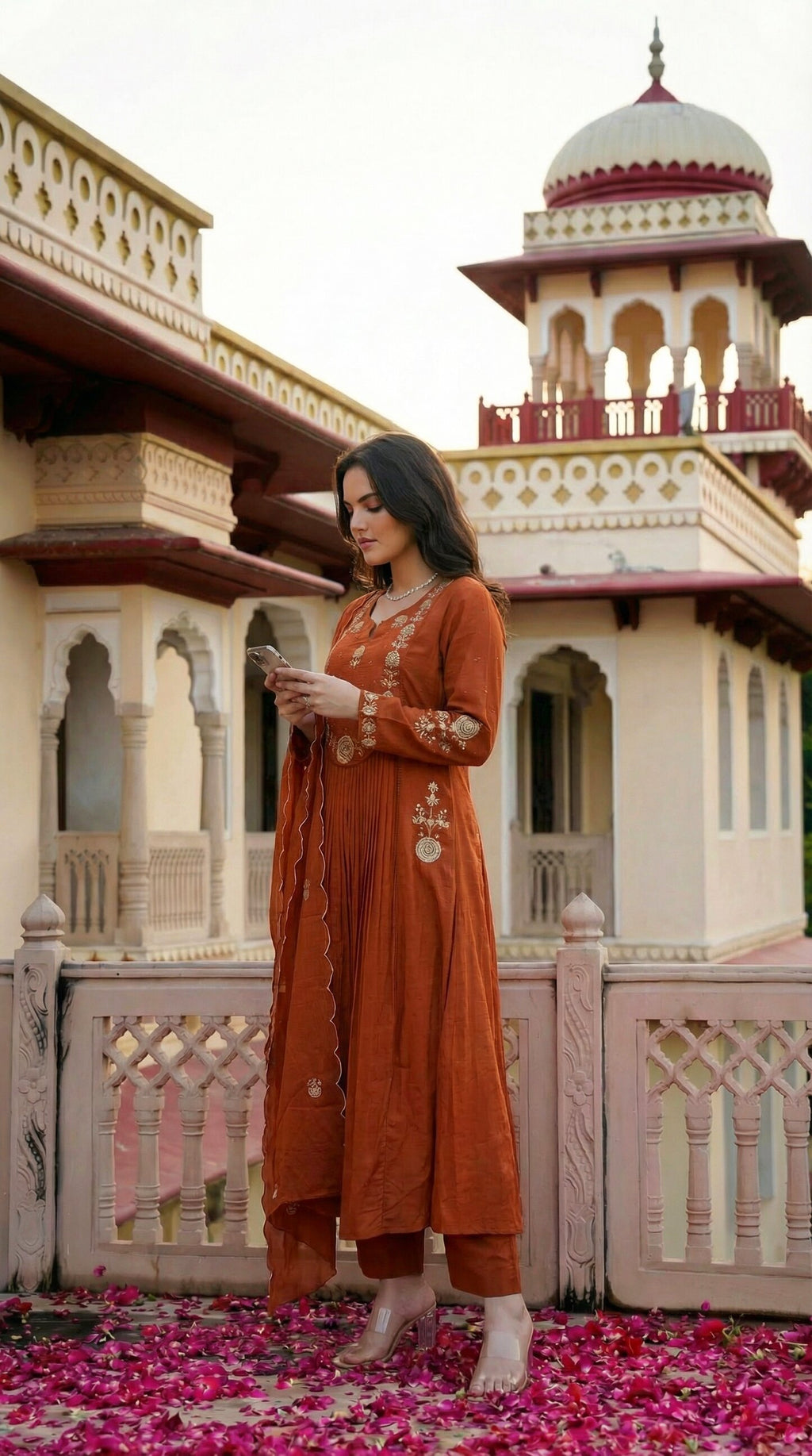 Rust Radiance Pleated Chanderi Silk Embroidered Anarkali Kurta Set