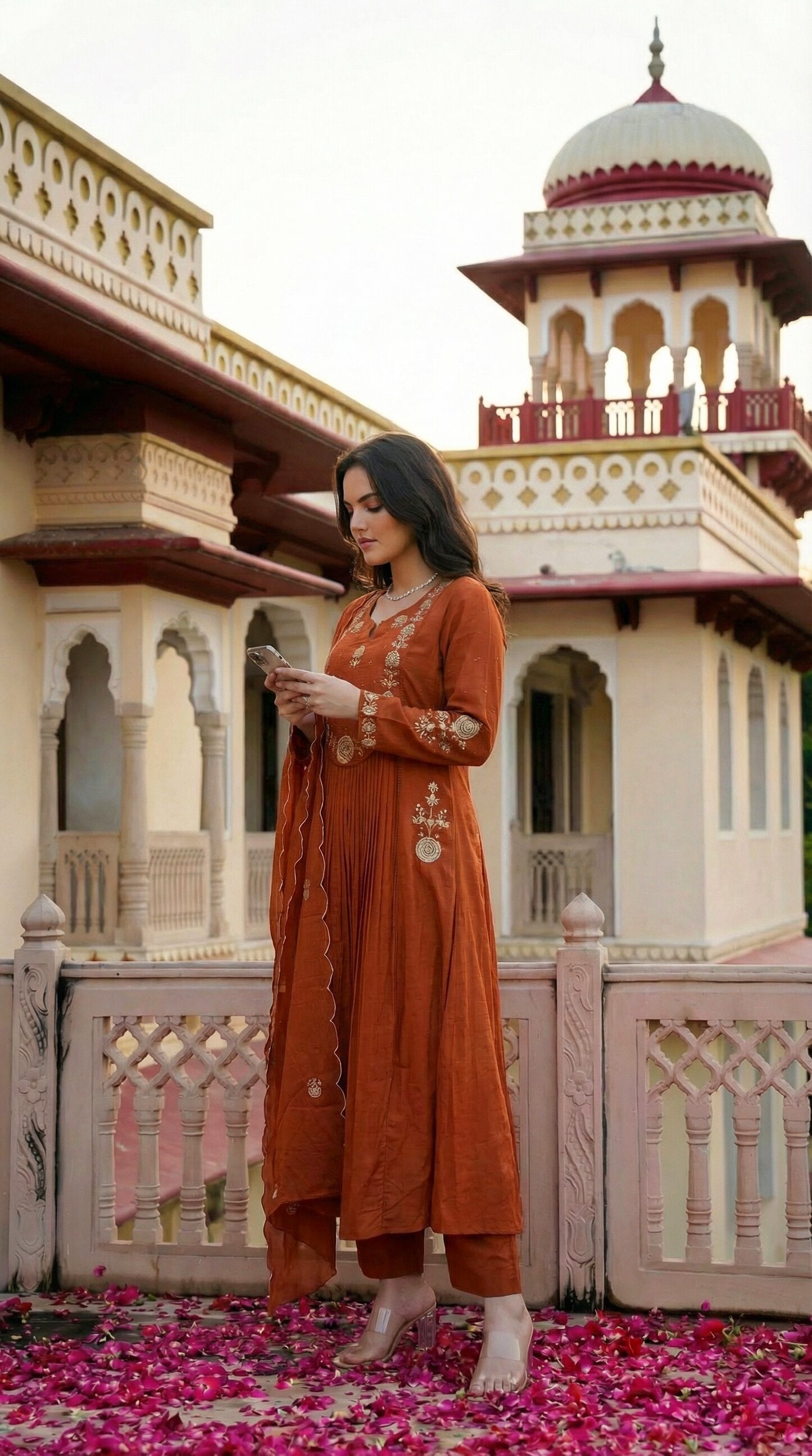 Rust Radiance Pleated Chanderi Silk Embroidered Anarkali Kurta Set