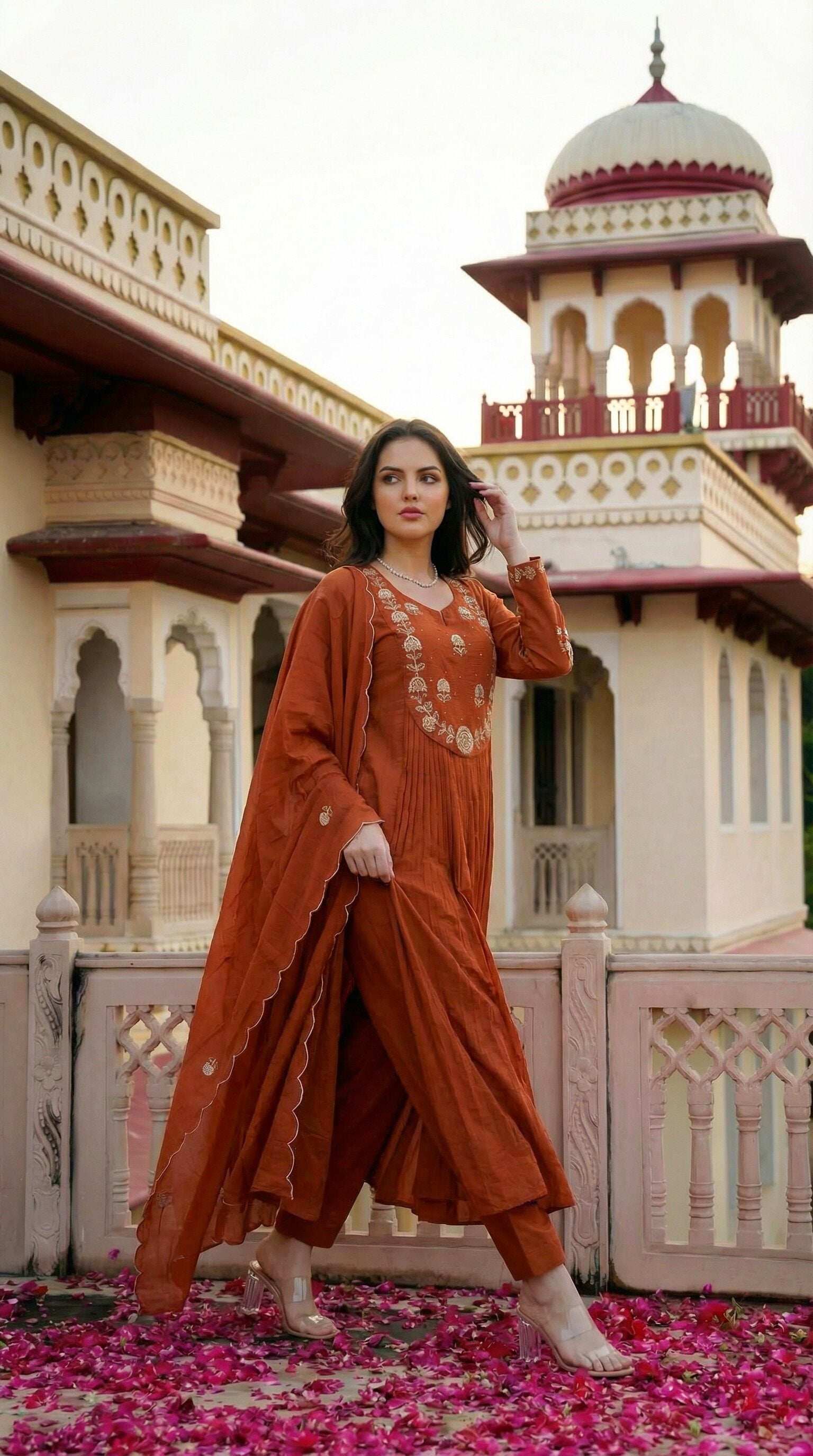Rust Radiance Pleated Chanderi Silk Embroidered Anarkali Kurta Set