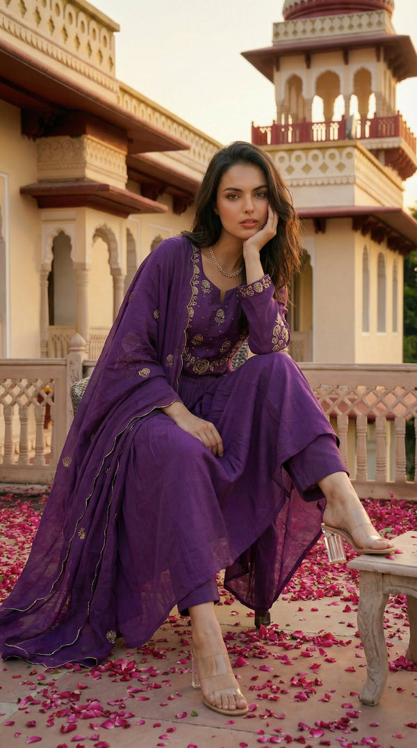 Royal Plum Pleated Chanderi Silk Embroidered Anarkali Kurta Set