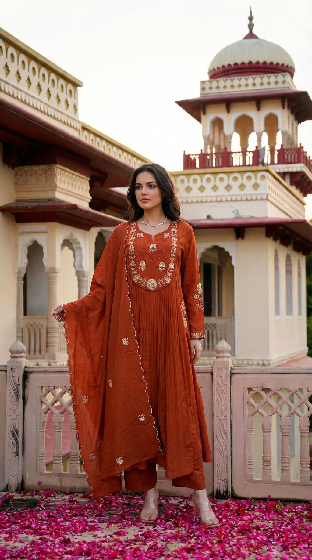 Rust Radiance Pleated Chanderi Silk Embroidered Anarkali Kurta Set