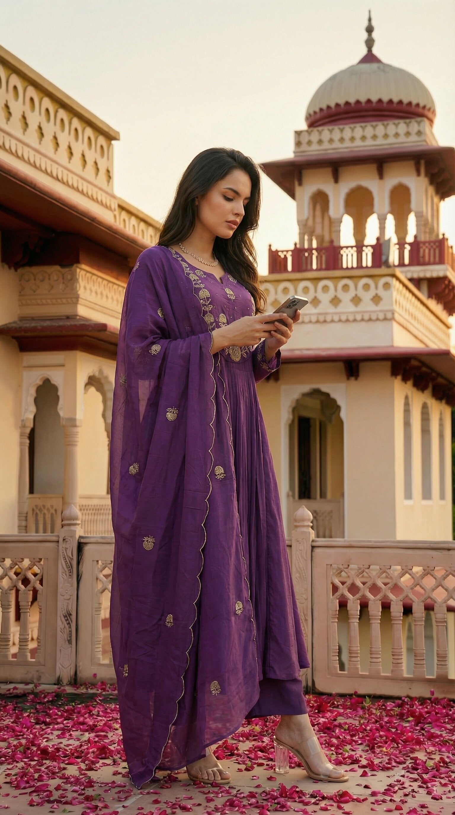 Royal Plum Pleated Chanderi Silk Embroidered Anarkali Kurta Set