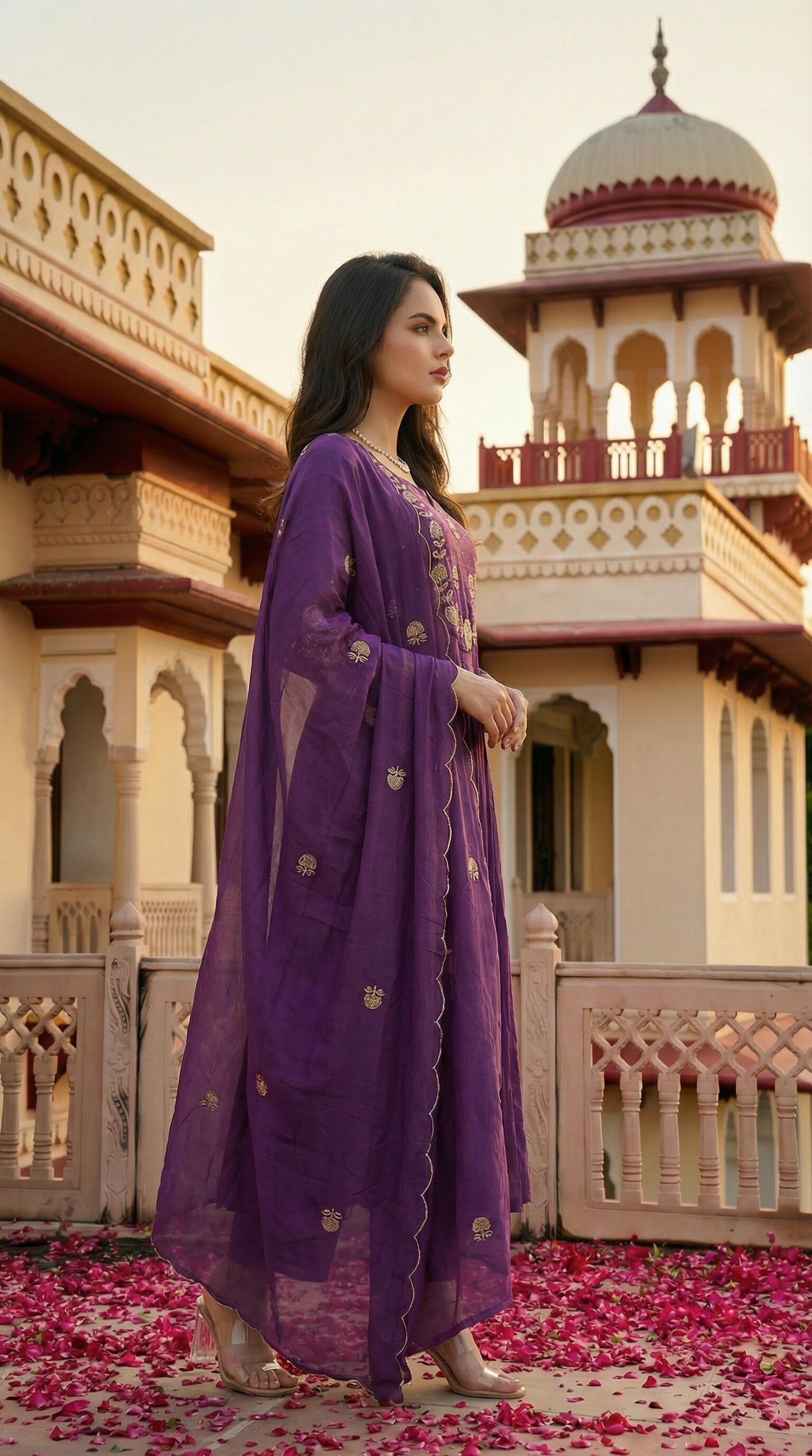 Royal Plum Pleated Chanderi Silk Embroidered Anarkali Kurta Set