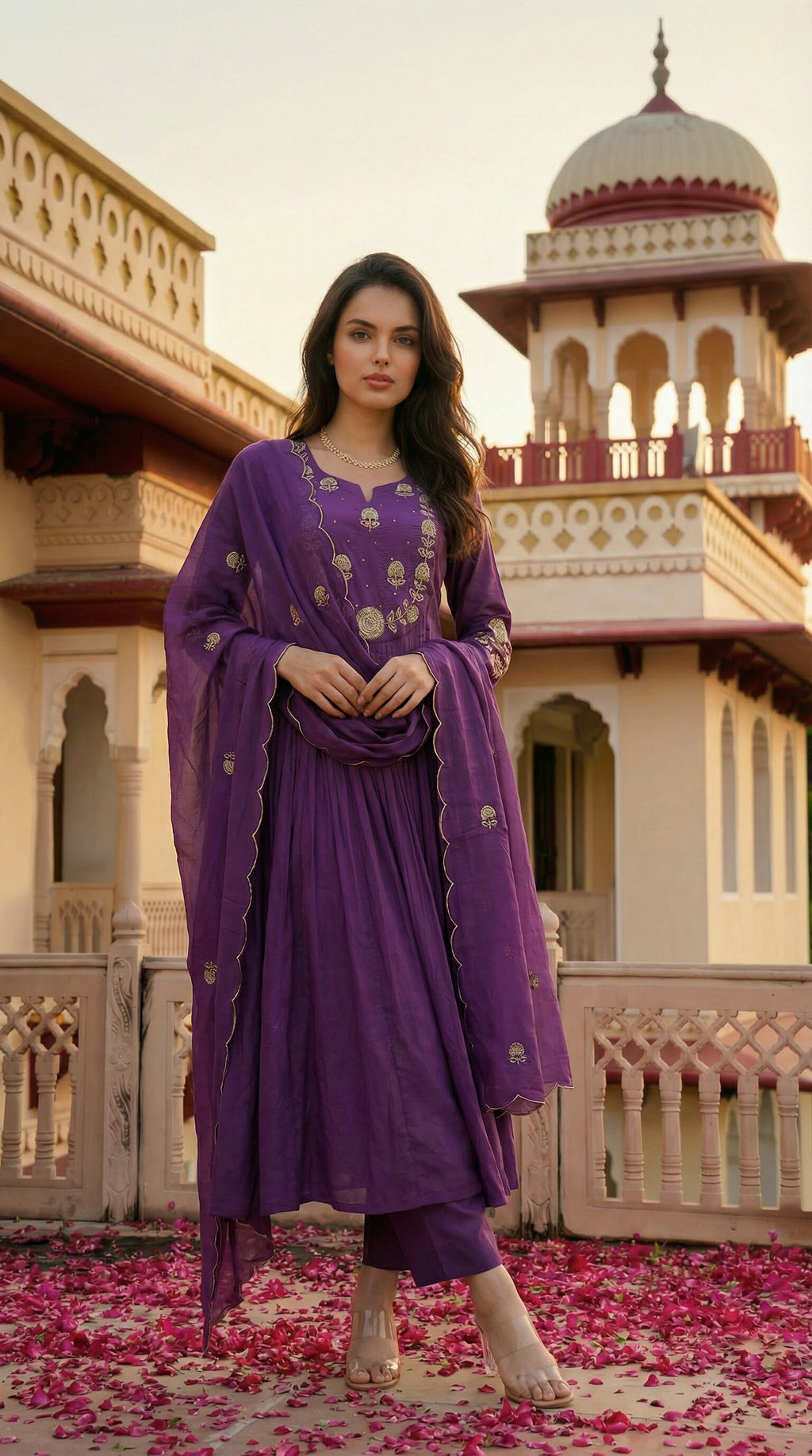 Royal Plum Pleated Chanderi Silk Embroidered Anarkali Kurta Set