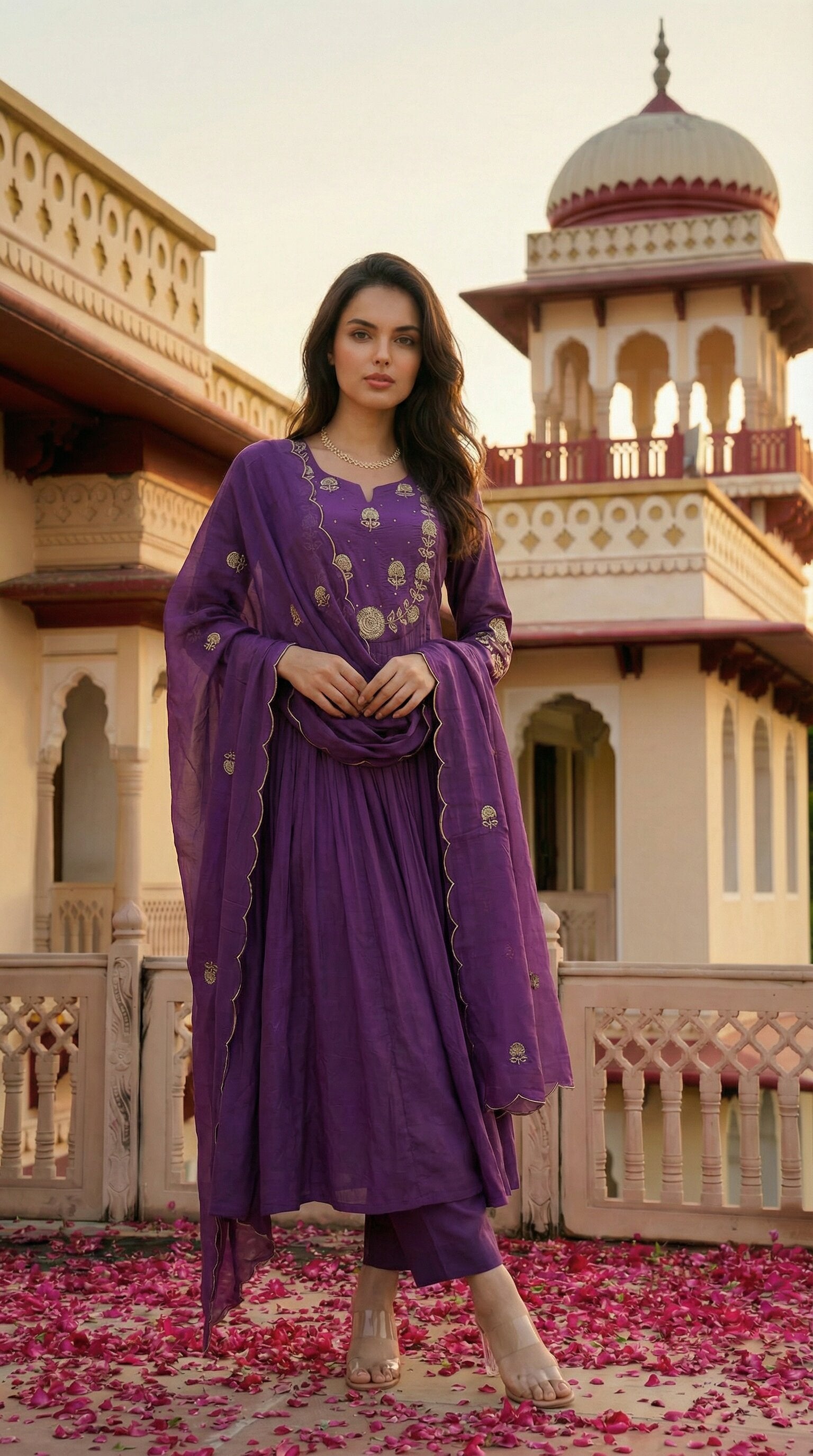 Royal Plum Pleated Chanderi Silk Embroidered Anarkali Kurta Set