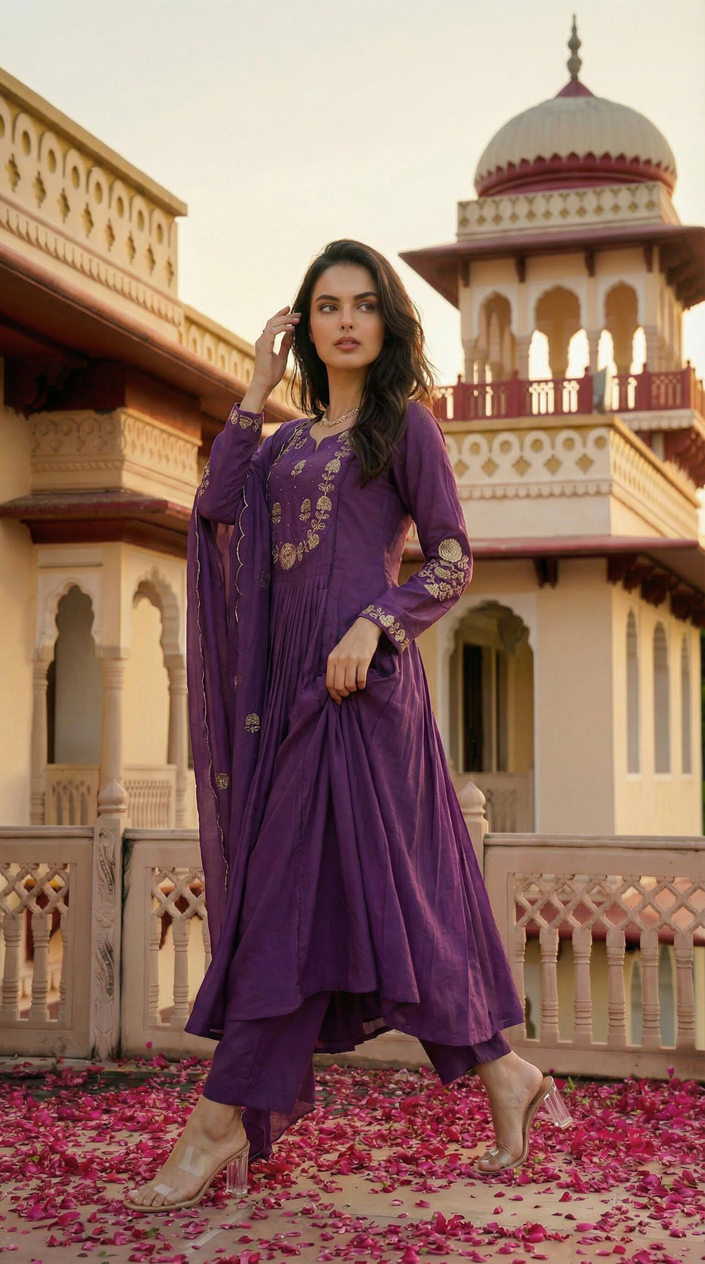 Royal Plum Pleated Chanderi Silk Embroidered Anarkali Kurta Set