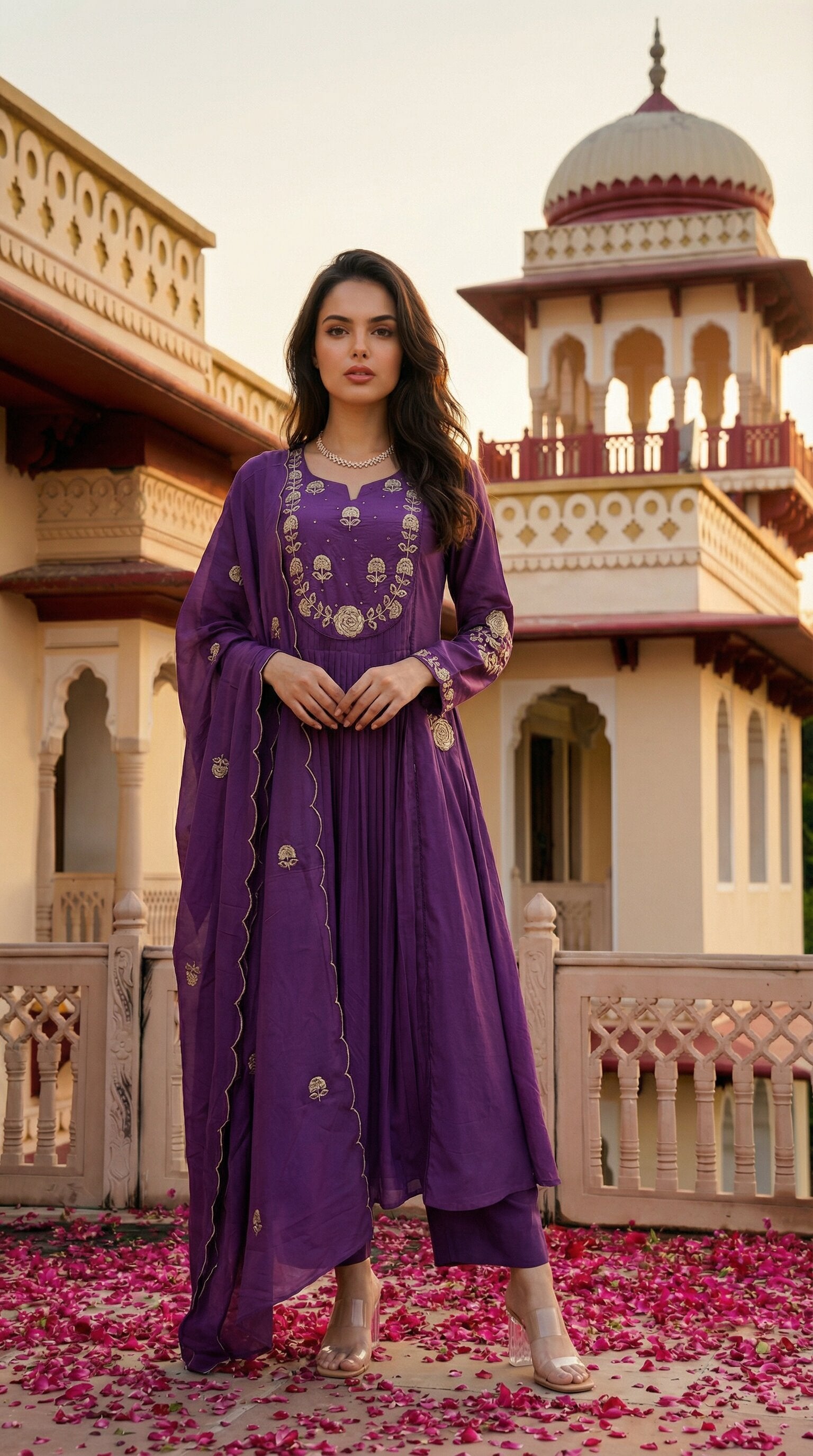Royal Plum Pleated Chanderi Silk Embroidered Anarkali Kurta Set