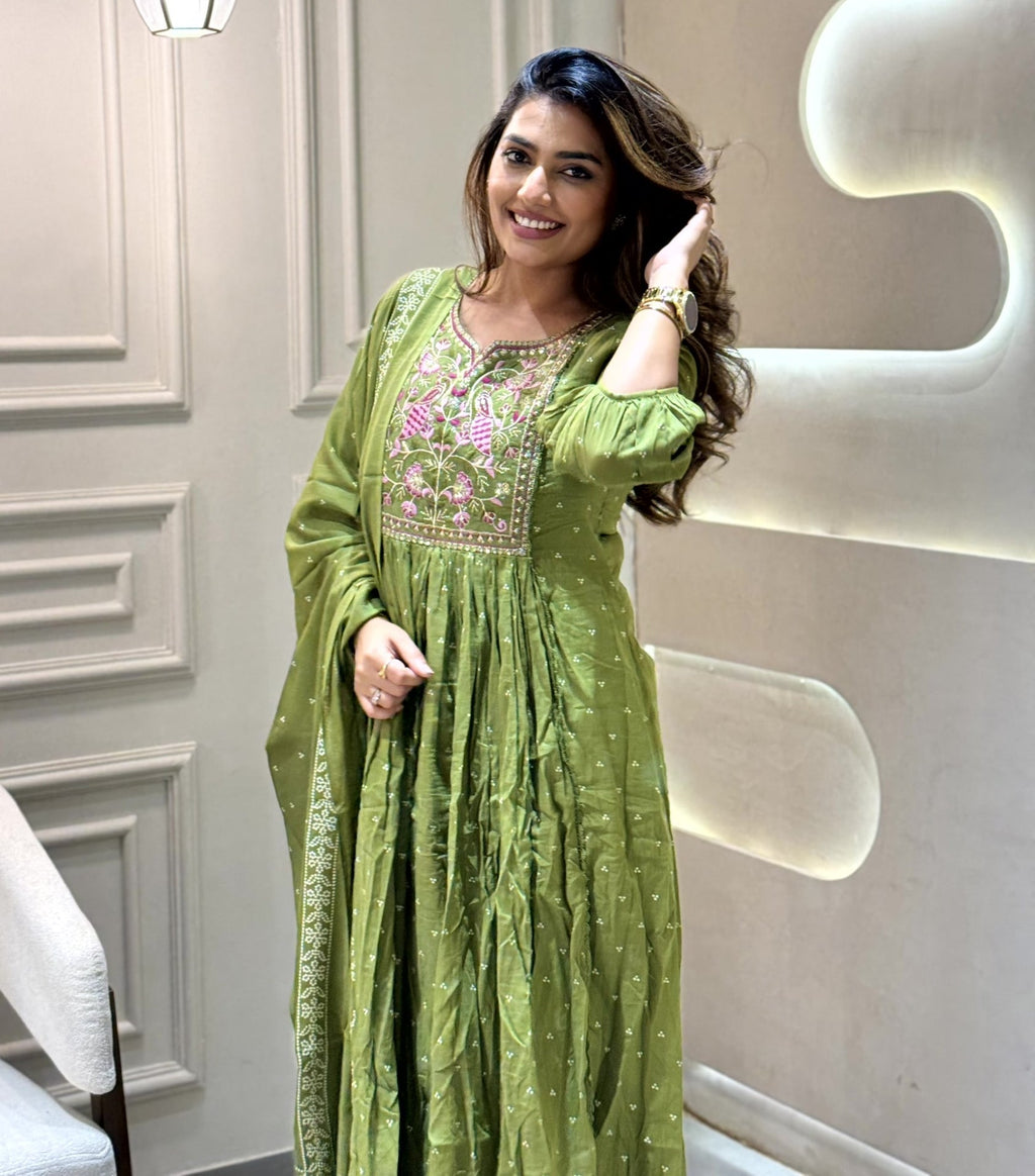 Olive Green Mul Cotton Anarkali Kurta Set with Intricate Floral Embroidery & Printed Dupatta