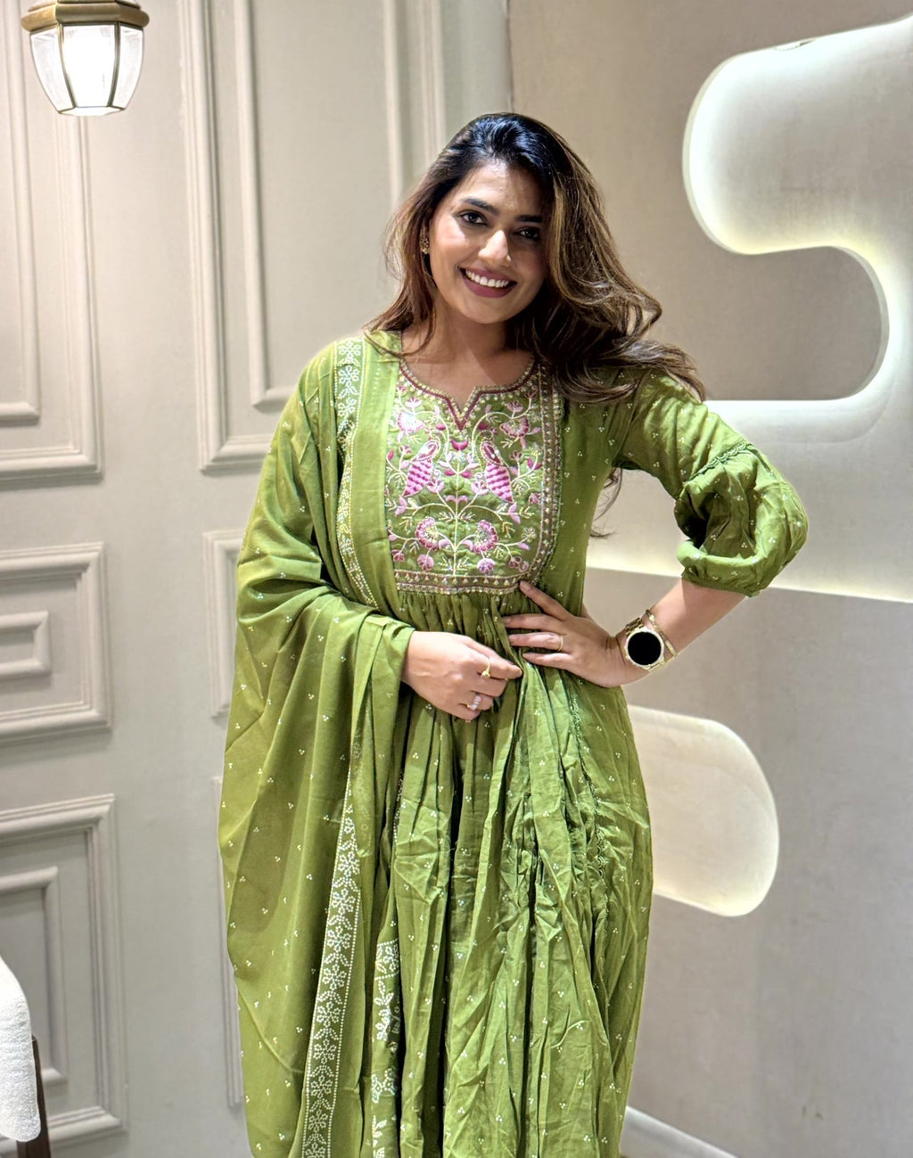 Olive Green Mul Cotton Anarkali Kurta Set with Intricate Floral Embroidery & Printed Dupatta