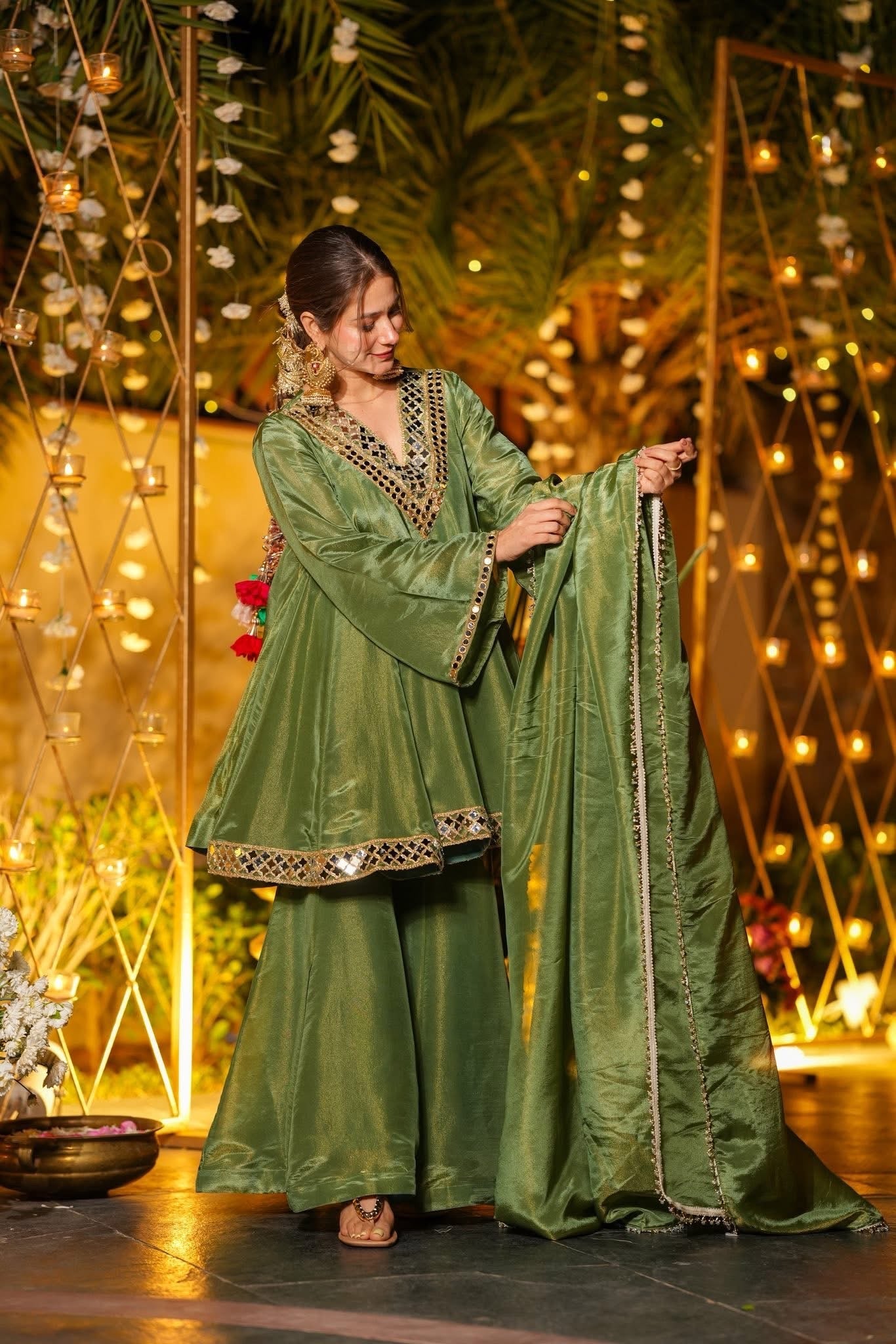 Elegant Olive Green Mirror Work Vichitra Silk Anarkali Kurta Set with Dupatta-Festive & Wedding Wear