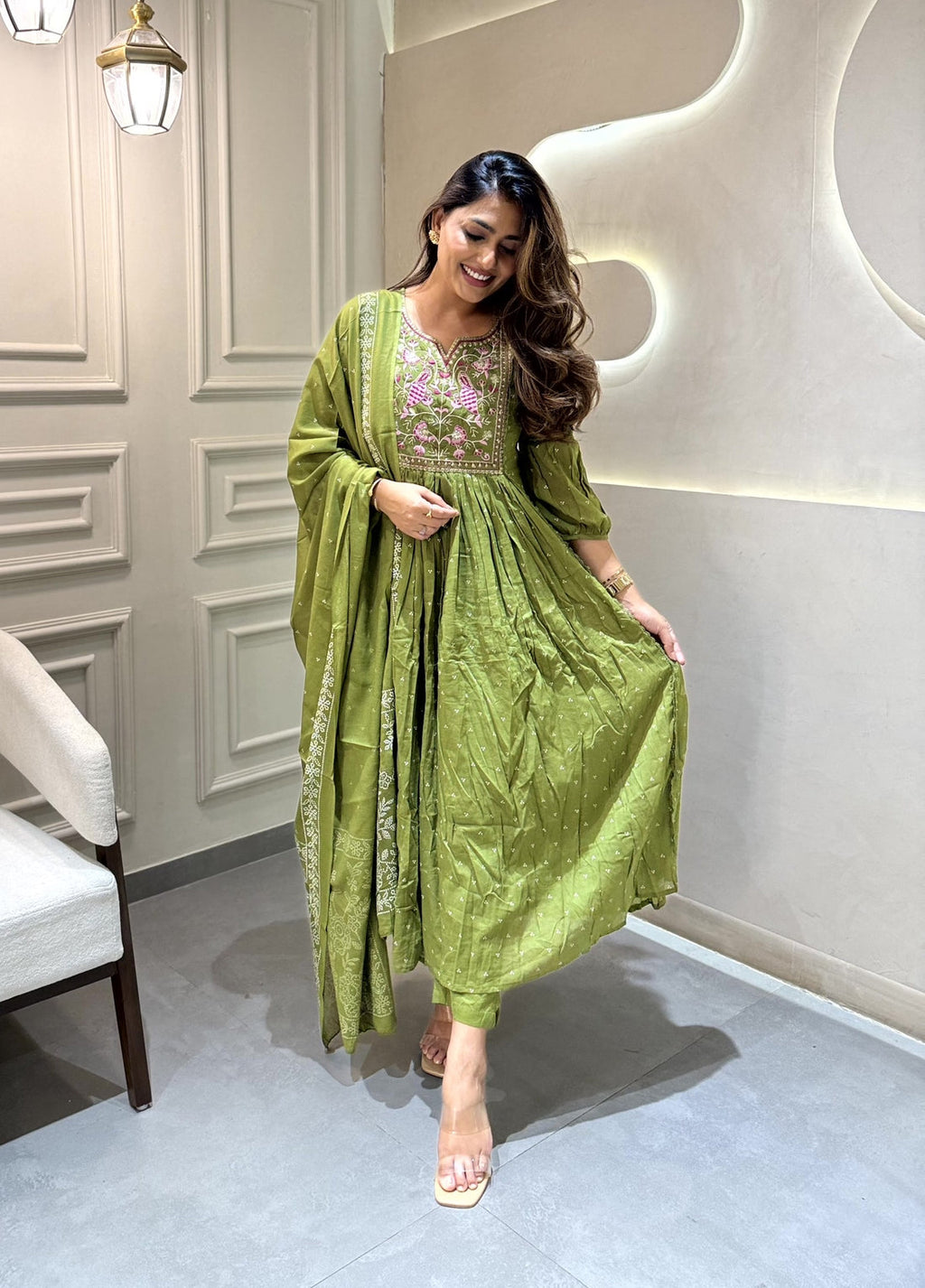 Olive Green Mul Cotton Anarkali Kurta Set with Intricate Floral Embroidery & Printed Dupatta