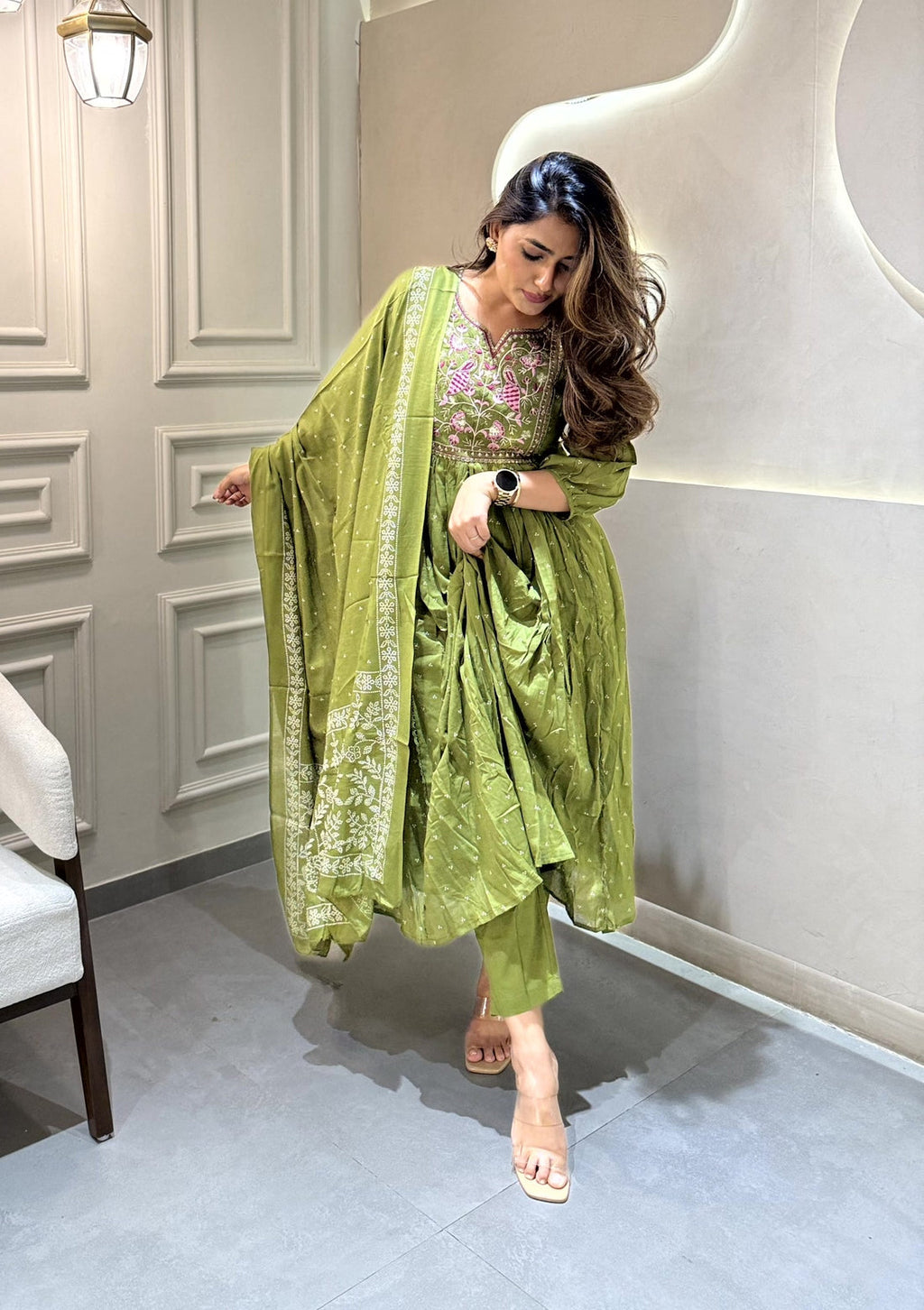 Olive Green Mul Cotton Anarkali Kurta Set with Intricate Floral Embroidery & Printed Dupatta