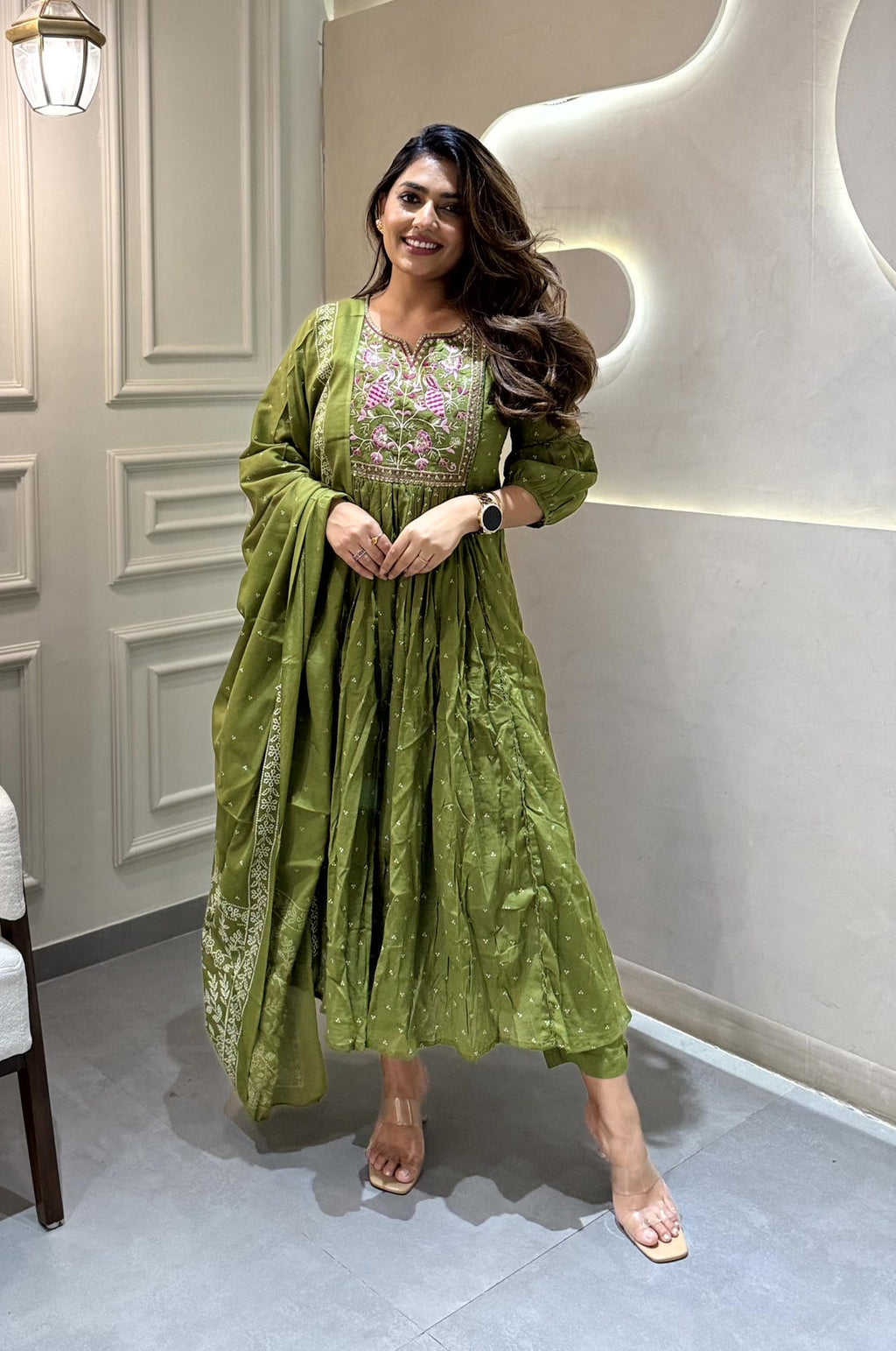Olive Green Mul Cotton Anarkali Kurta Set with Intricate Floral Embroidery & Printed Dupatta