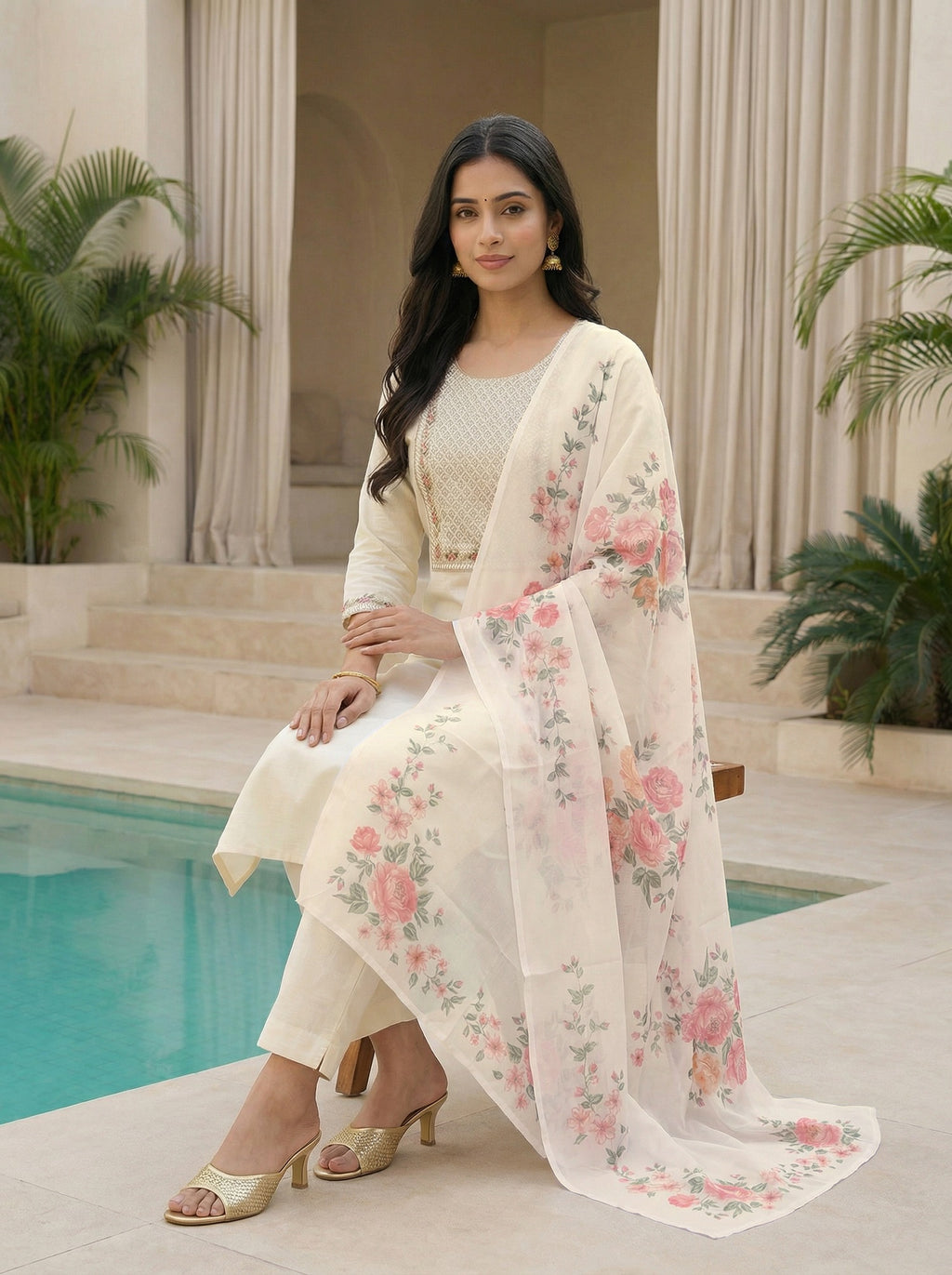 Ivory Serenity: Slub Rayon Embroidered Kurta Set with Floral Print Dupatta