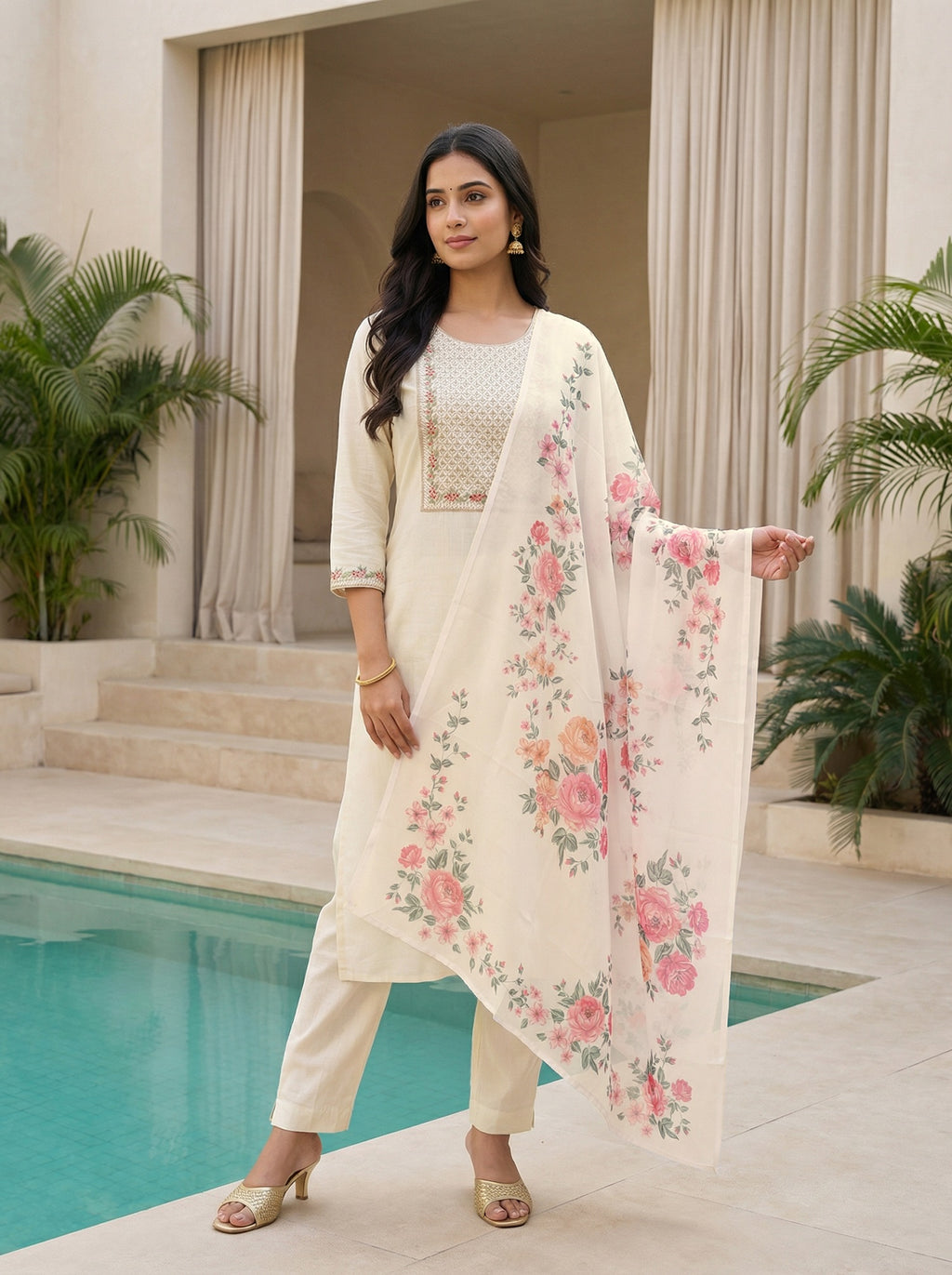 Ivory Serenity: Slub Rayon Embroidered Kurta Set with Floral Print Dupatta