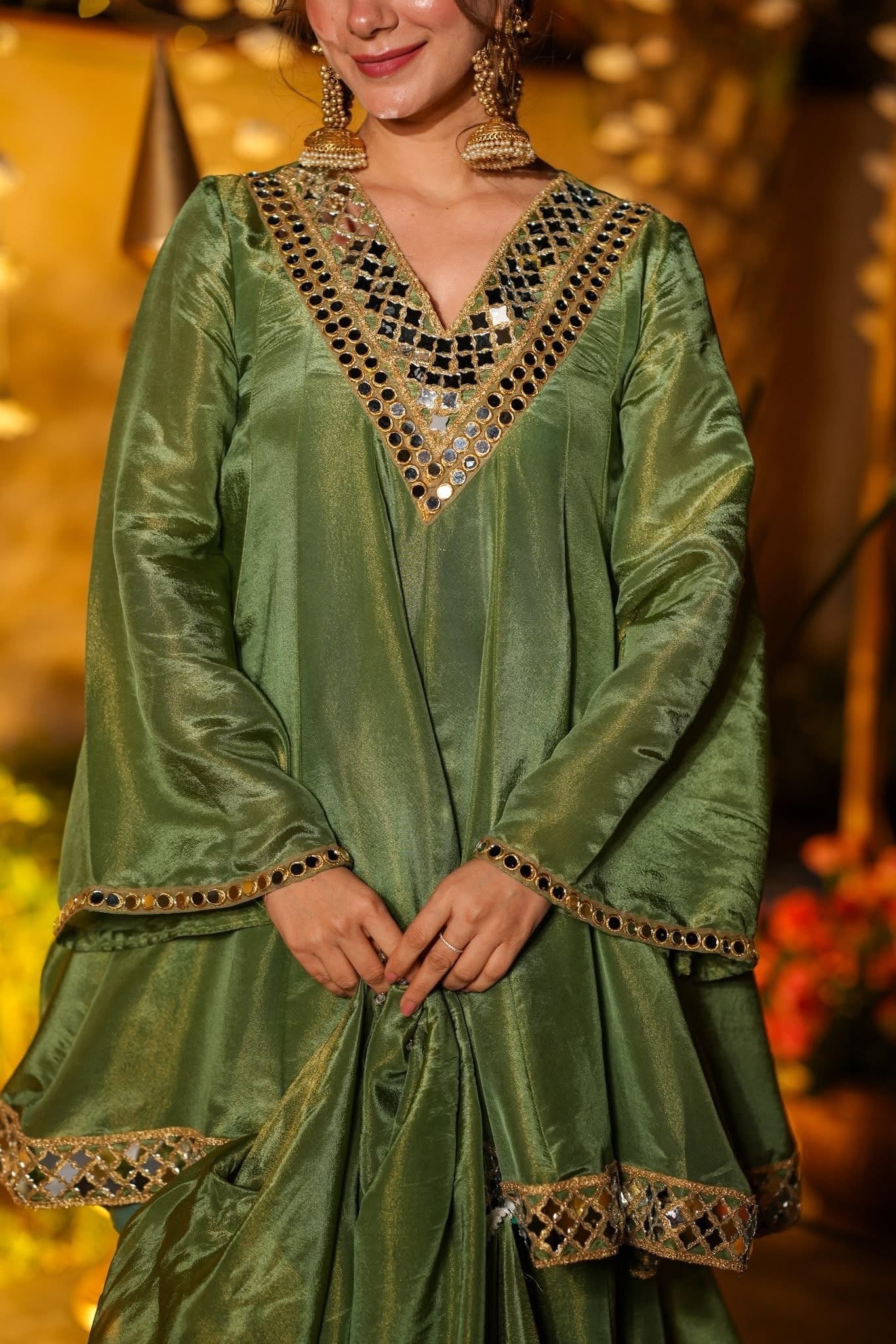 Elegant Olive Green Mirror Work Vichitra Silk Anarkali Kurta Set with Dupatta-Festive & Wedding Wear