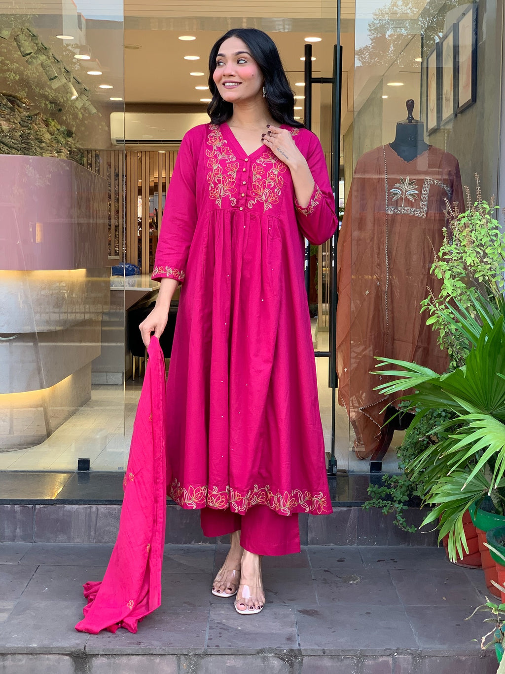 Viscose Chanderi Anarkali Set with Lotus Motif Embroidery & Pleated Flare