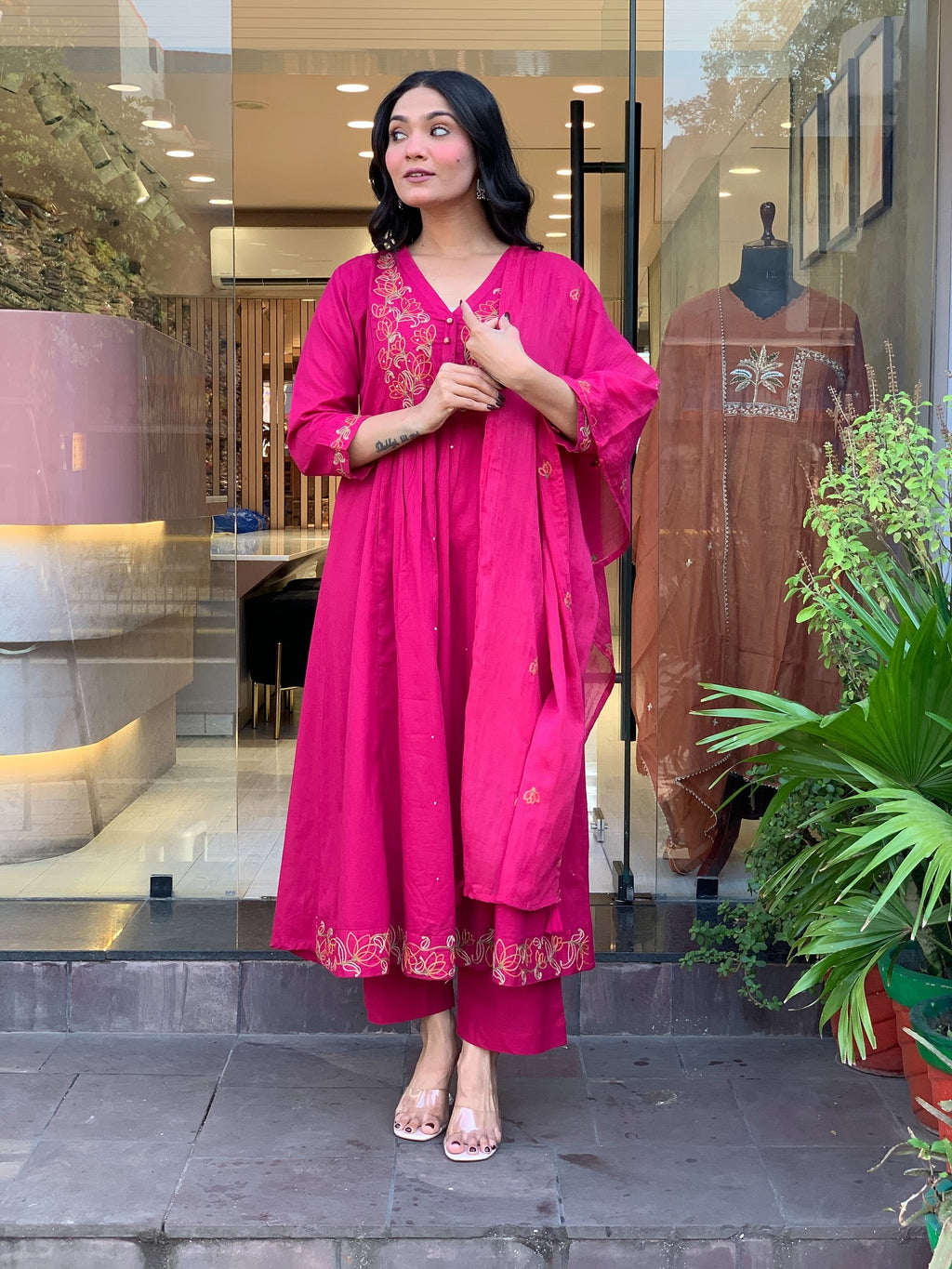 Viscose Chanderi Anarkali Set with Lotus Motif Embroidery & Pleated Flare