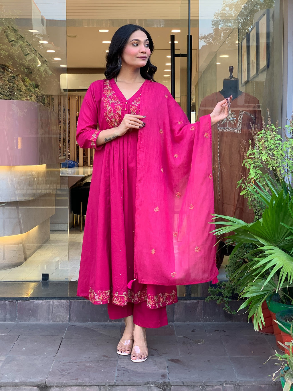 Viscose Chanderi Anarkali Set with Lotus Motif Embroidery & Pleated Flare