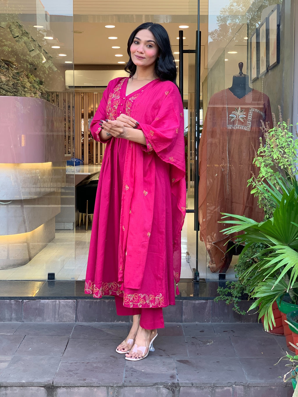 Viscose Chanderi Anarkali Set with Lotus Motif Embroidery & Pleated Flare